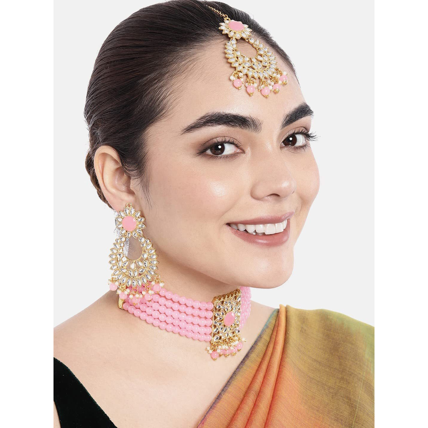 Peora Gold Plated Jodha Akbar Kundan Pink Faux Pearl Choker Necklace with Earring Maang Tikka Traditional Bridal Jewellery Set for Women & Girls