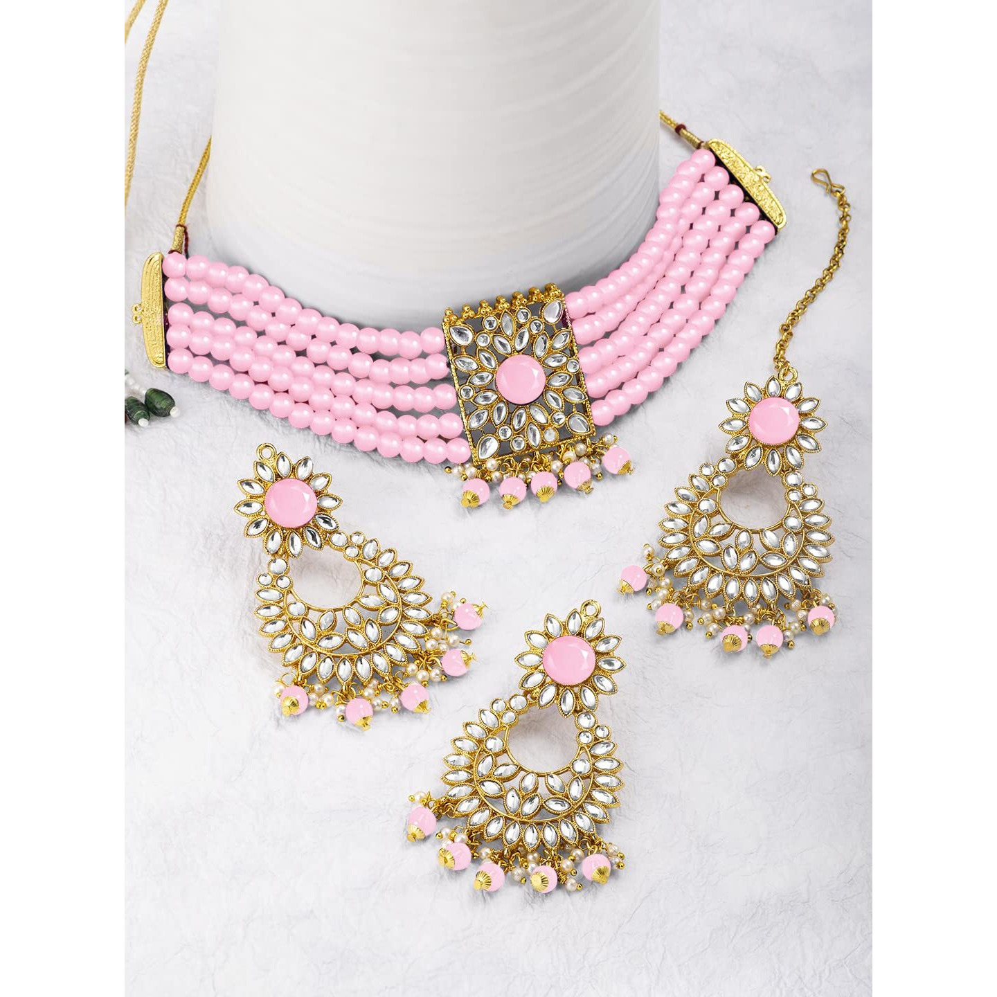 Peora Gold Plated Jodha Akbar Kundan Pink Faux Pearl Choker Necklace with Earring Maang Tikka Traditional Bridal Jewellery Set for Women & Girls