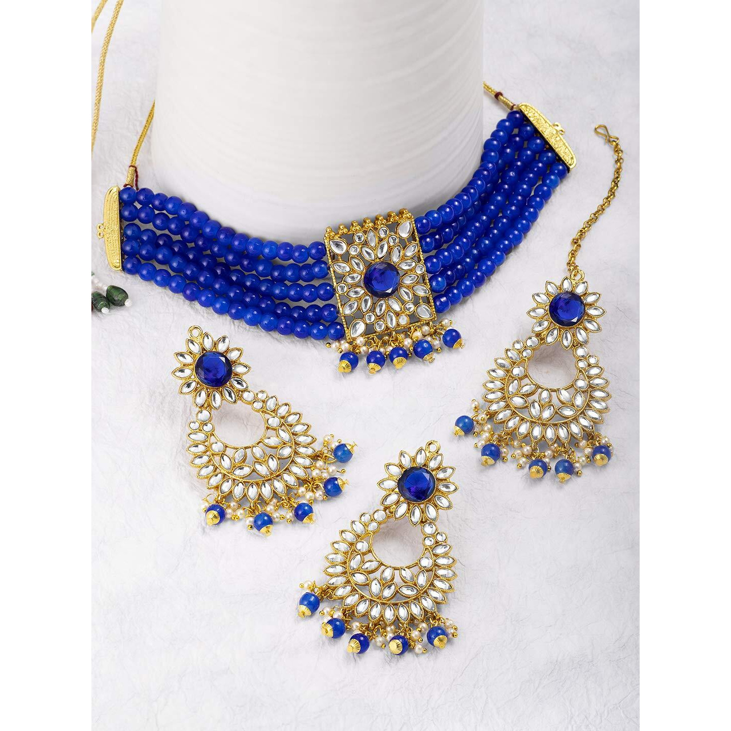 Peora Gold Plated Jodha Akbar Kundan Faux Pearl Choker Necklace with Earring Maang Tikka Traditional Bridal Jewellery Set for Women Girls