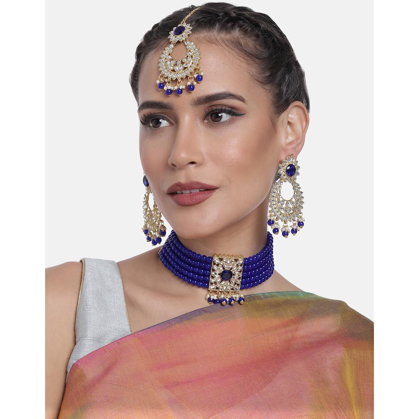 Peora Gold Plated Jodha Akbar Kundan Faux Pearl Choker Necklace with Earring Maang Tikka Traditional Bridal Jewellery Set for Women Girls