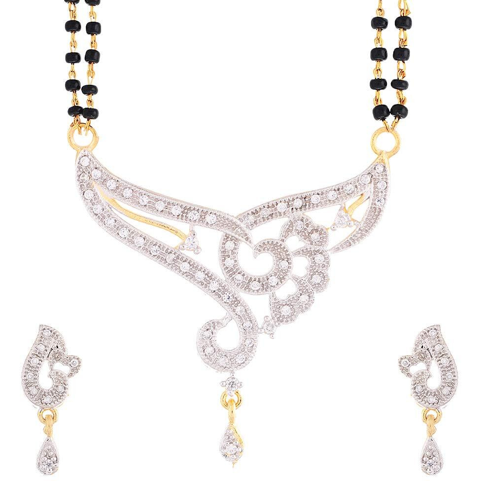 ZENEME Mangalsutra American Diamond Gold Plated Pendant Jewellery with Chain and Earrings for Women (Design-8)