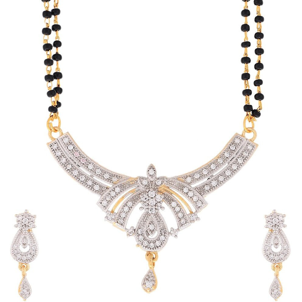 ZENEME Mangalsutra American Diamond Gold Plated Pendant Jewellery with Chain and Earrings for Women (Design-12)
