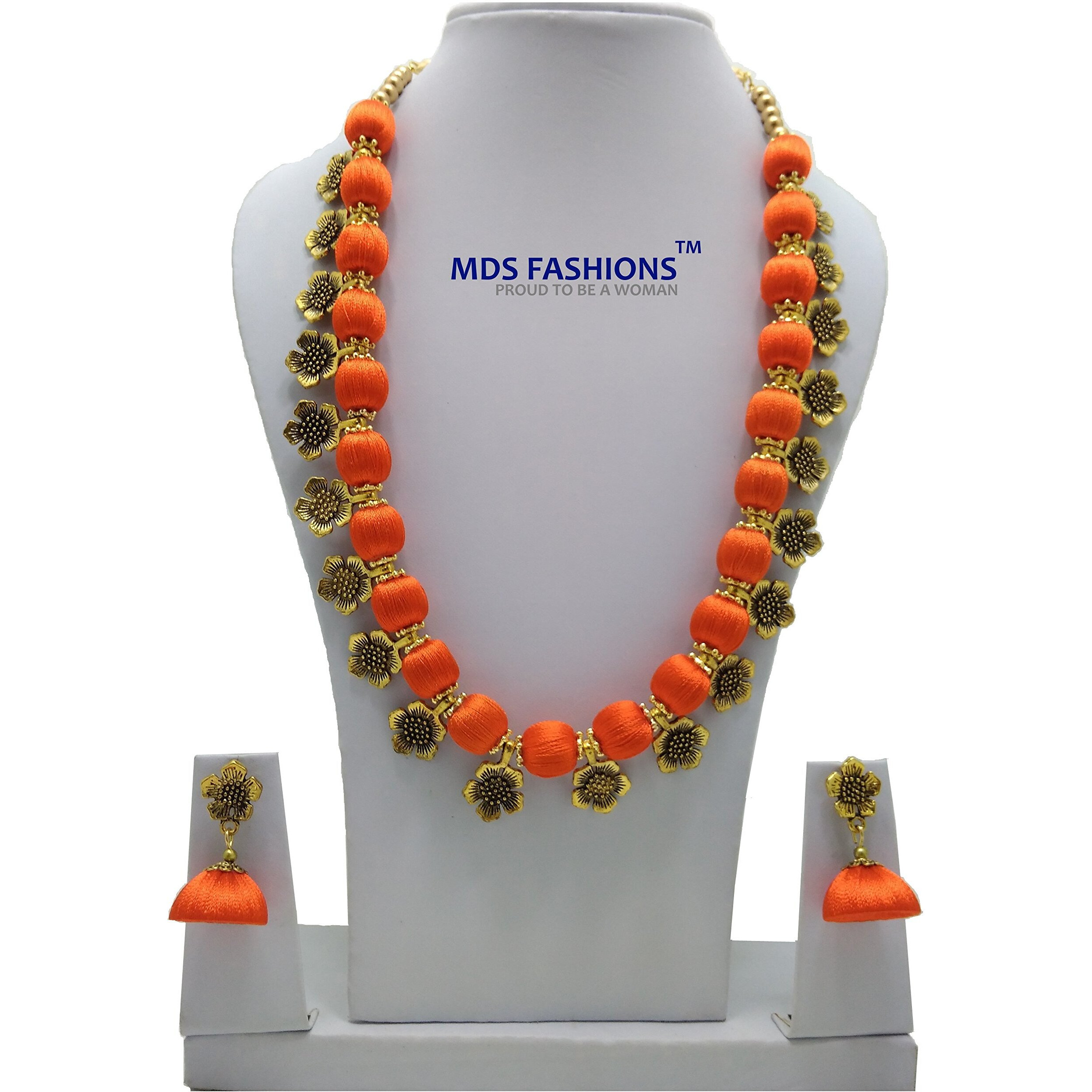MDS FASHIONS Orange Antique Flower Necklace with Antique Flower Stud and Jhumka Earrings Set for Women (MDS-1032)