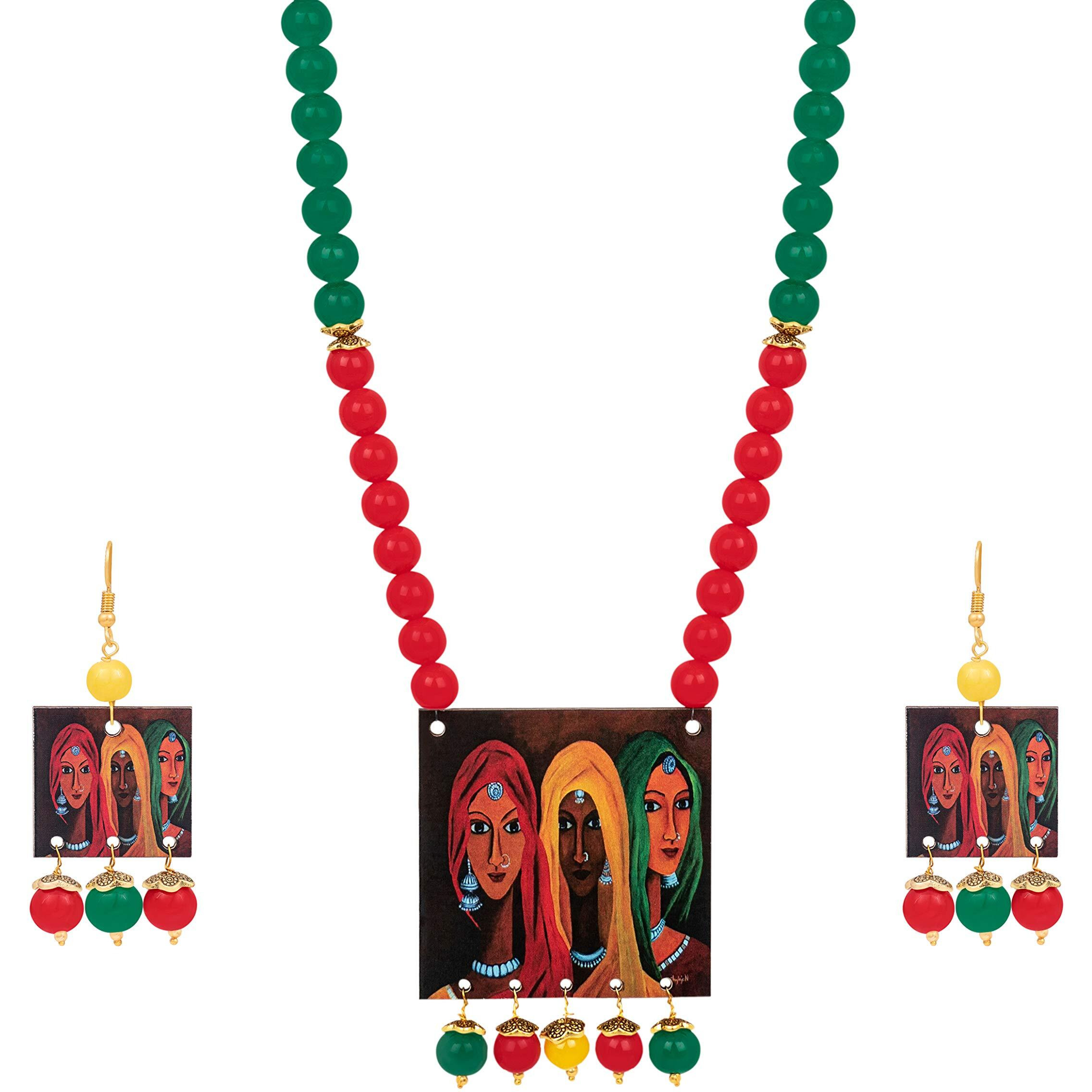 JFL FL - Jewellery for Less Handcrafted Rajasthani Women Painting Print Beaded Designer Necklace Set for Women and Girls (Red, Green & Yellow),Valentine