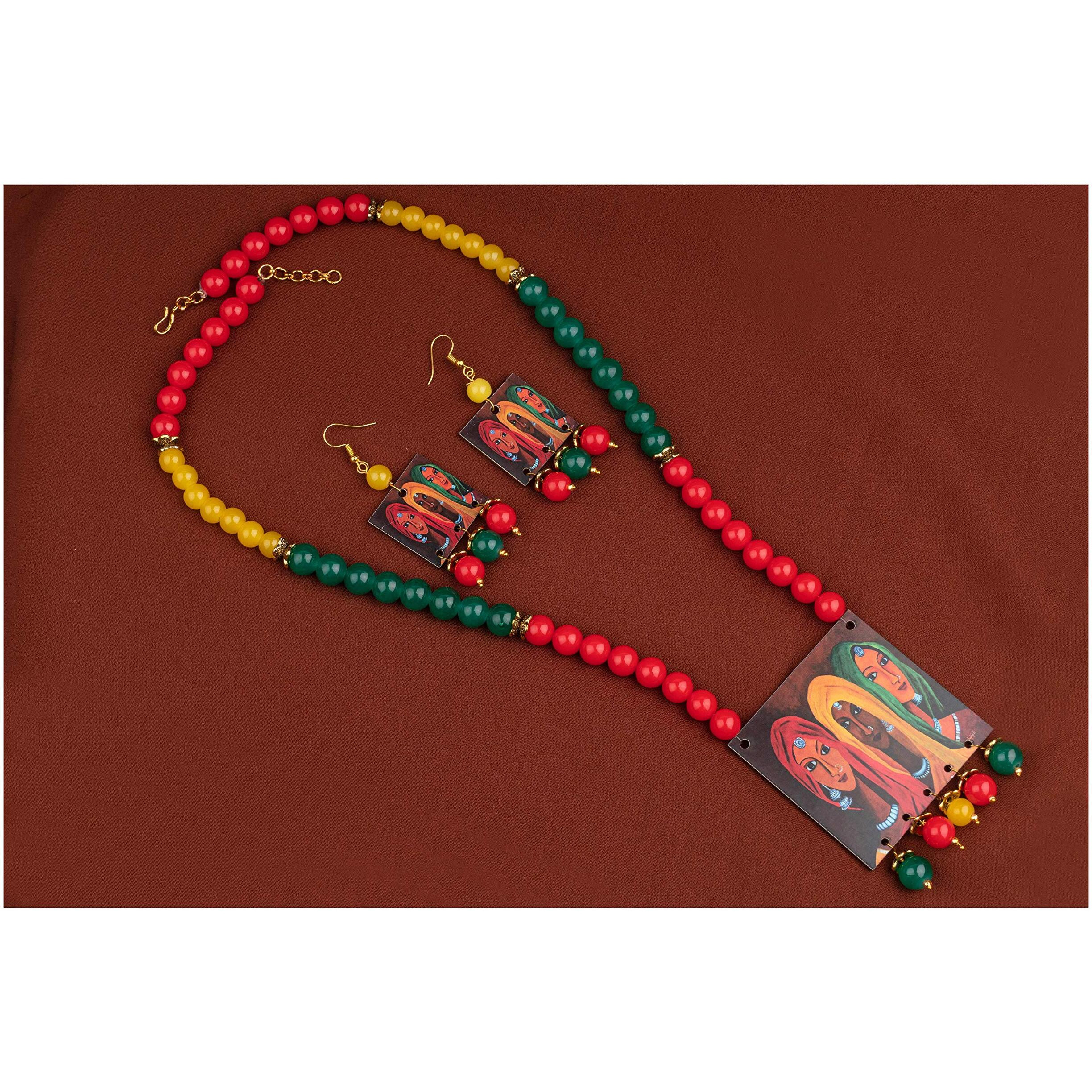 JFL FL - Jewellery for Less Handcrafted Rajasthani Women Painting Print Beaded Designer Necklace Set for Women and Girls (Red, Green & Yellow),Valentine