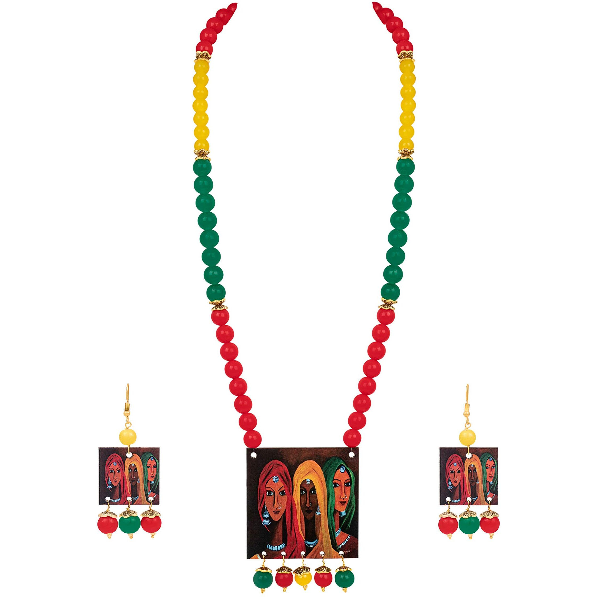 JFL FL - Jewellery for Less Handcrafted Rajasthani Women Painting Print Beaded Designer Necklace Set for Women and Girls (Red, Green & Yellow),Valentine