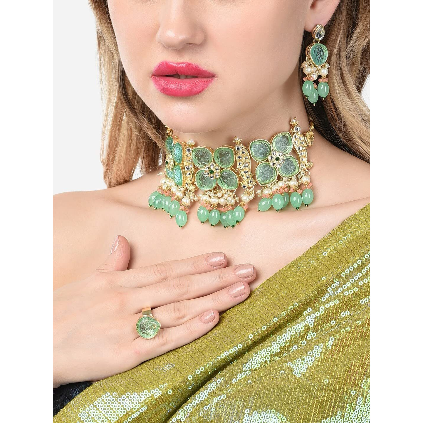 ZAVERI PEARLS Green & Peach Stones & Beads Kundan Choker Necklace Earring & Ring Set For Women-ZPFK14722
