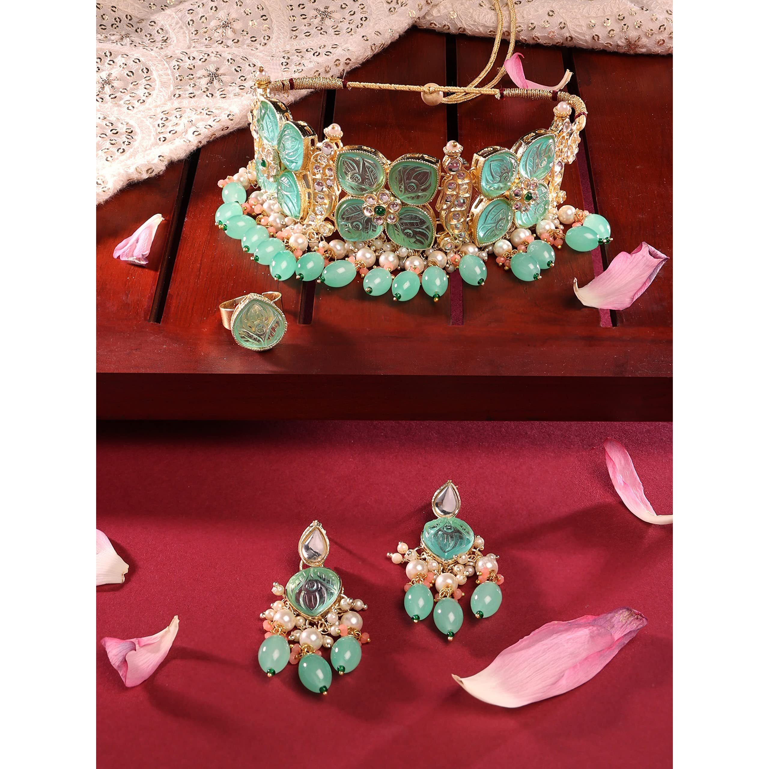 ZAVERI PEARLS Green & Peach Stones & Beads Kundan Choker Necklace Earring & Ring Set For Women-ZPFK14722