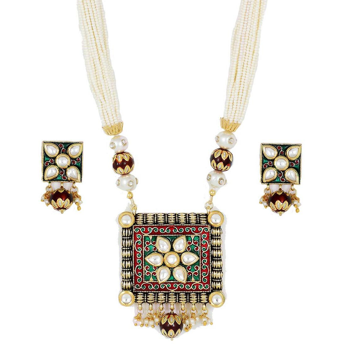 Piah Fashion Marvelous Gold Plated Brass Square Shape Kundan With Red & Green Minaakari & Pearl Necklace Set For Women & Girls (White)