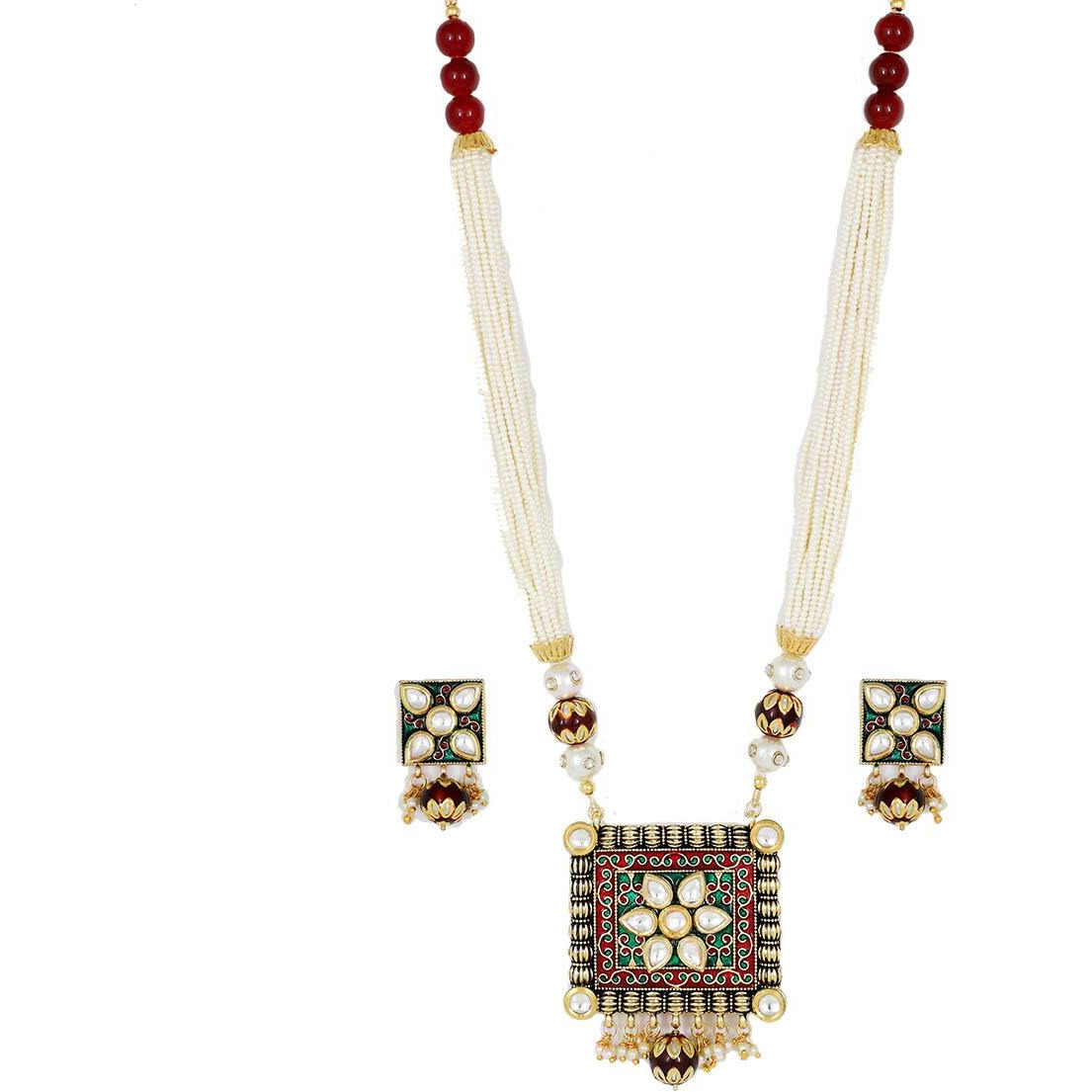 Piah Fashion Marvelous Gold Plated Brass Square Shape Kundan With Red & Green Minaakari & Pearl Necklace Set For Women & Girls (White)