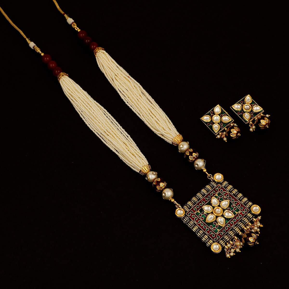 Piah Fashion Marvelous Gold Plated Brass Square Shape Kundan With Red & Green Minaakari & Pearl Necklace Set For Women & Girls (White)