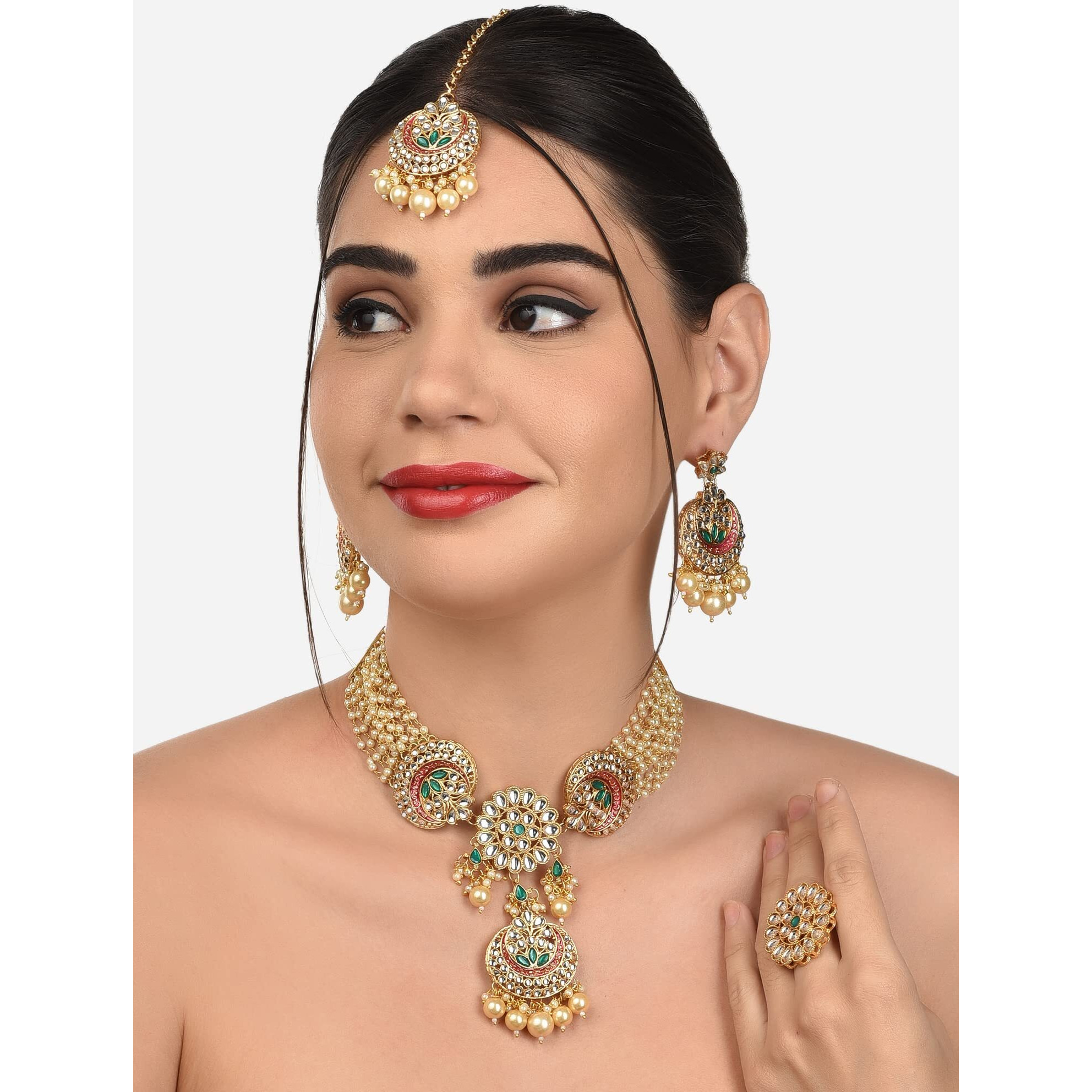 ZAVERI PEARLS Pink & Green Meenakari Ethnic Choker Necklace Earring Maangtikka & Ring Set For Women-ZPFK12633