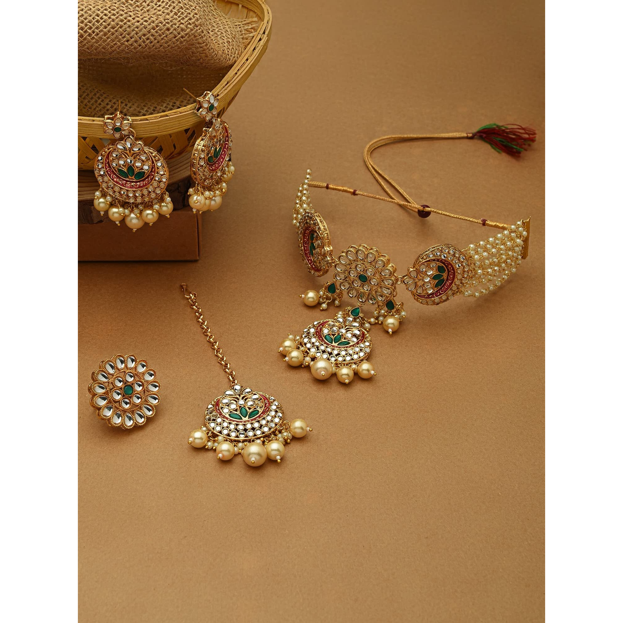 ZAVERI PEARLS Pink & Green Meenakari Ethnic Choker Necklace Earring Maangtikka & Ring Set For Women-ZPFK12633