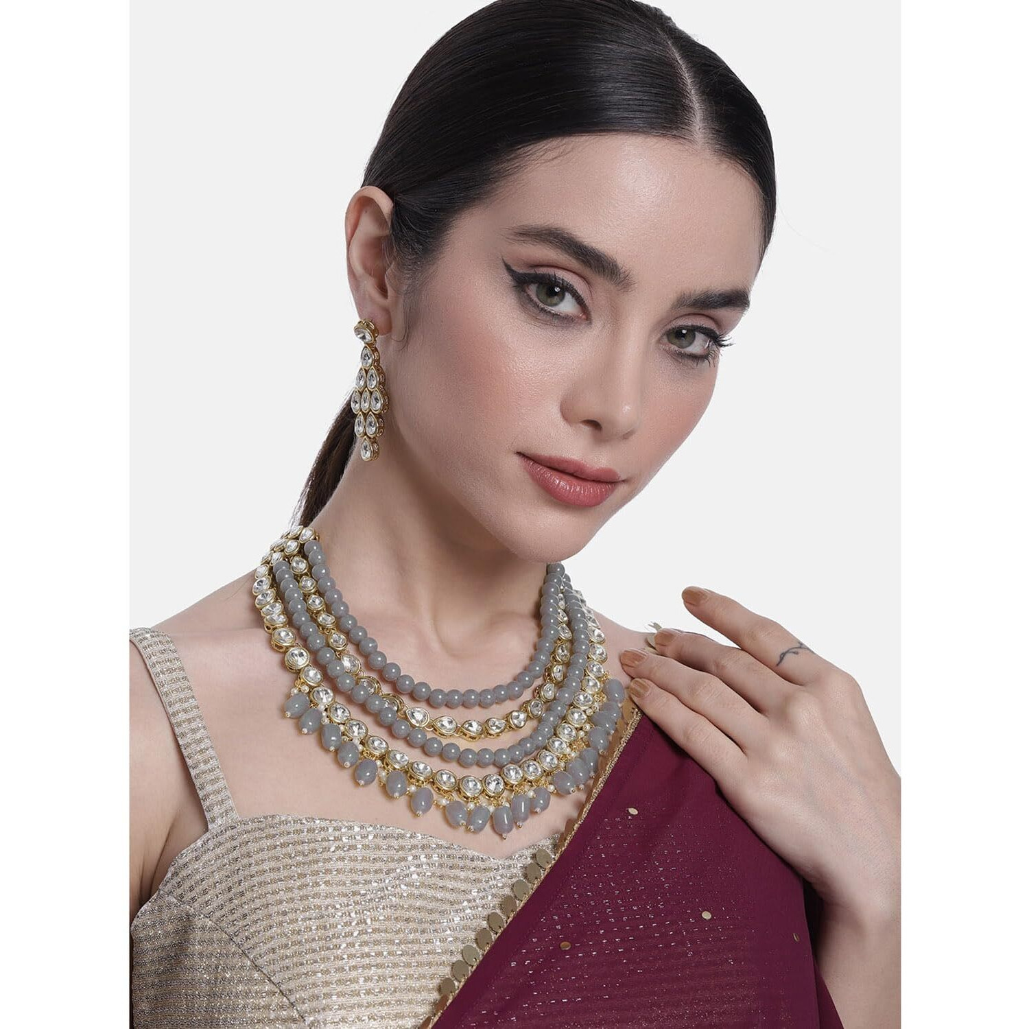 Peora Grey Gold Plated Kundan Long Necklace Earring Indian Traditional Jewellery Set for Women