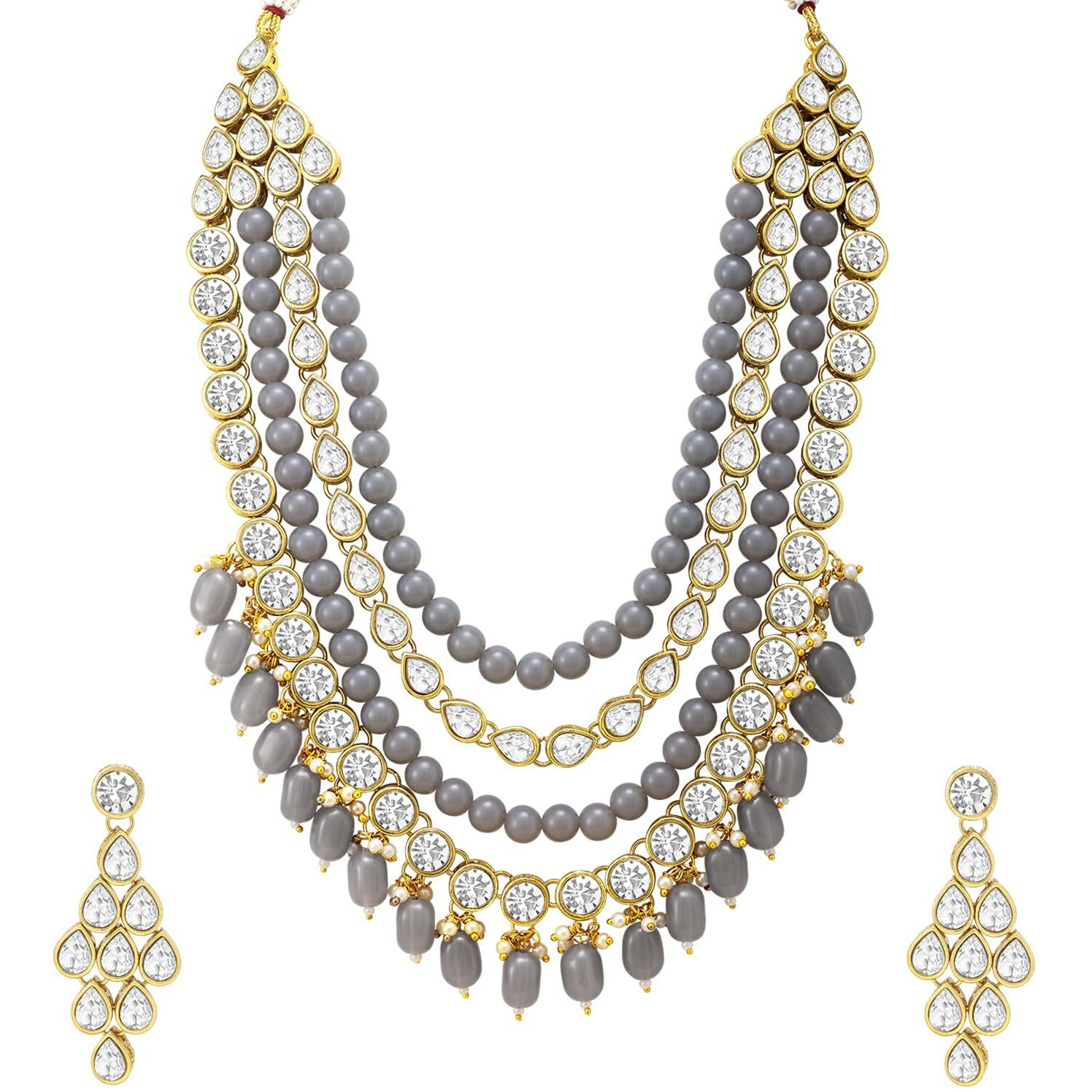 Peora Grey Gold Plated Kundan Long Necklace Earring Indian Traditional Jewellery Set for Women