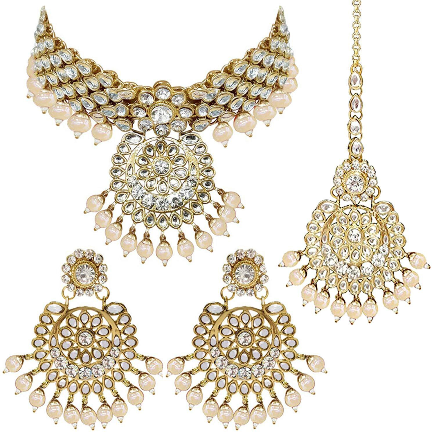 Peora Indian Traditional 18K Gold Plated Kundan Bead Choker Necklace with Earring Mangtikka Jewellery Set for Women Girls