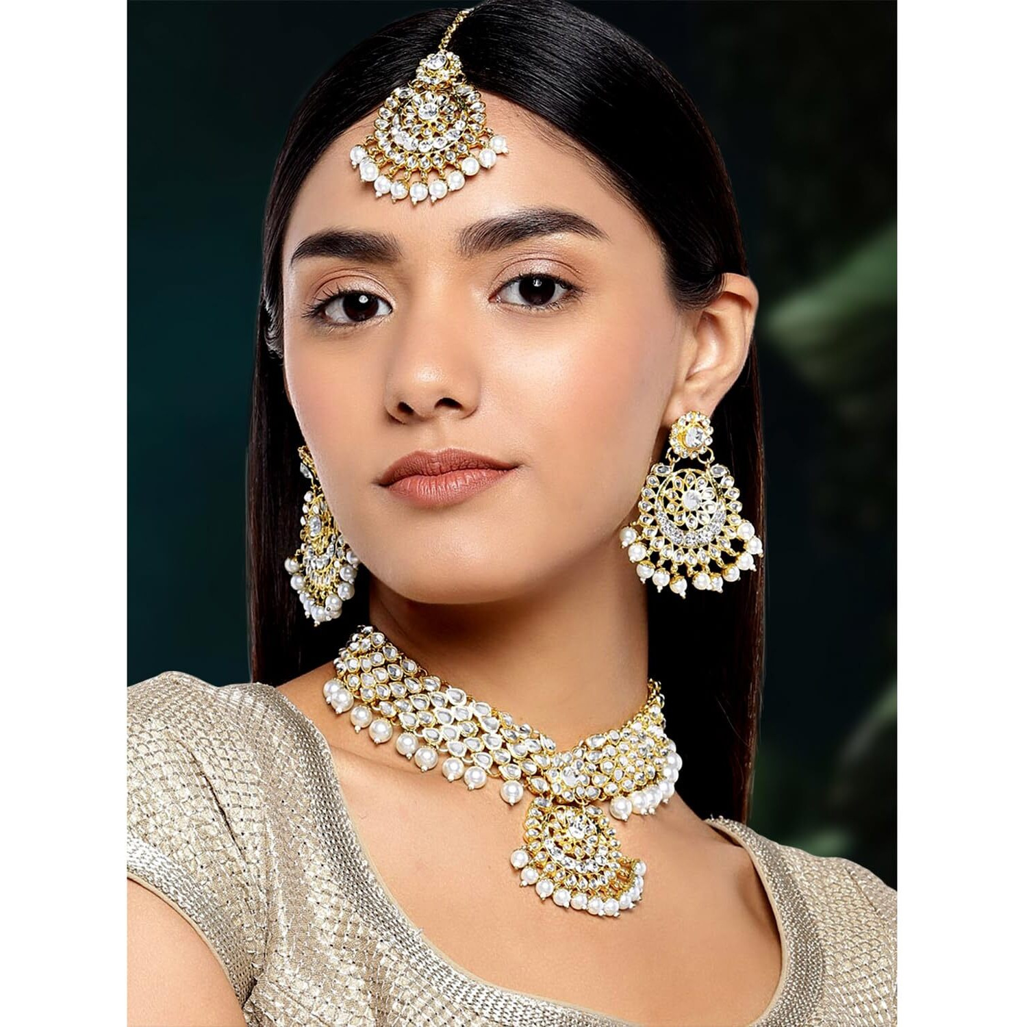 Peora Indian Traditional 18K Gold Plated Kundan Bead Choker Necklace with Earring Mangtikka Jewellery Set for Women Girls