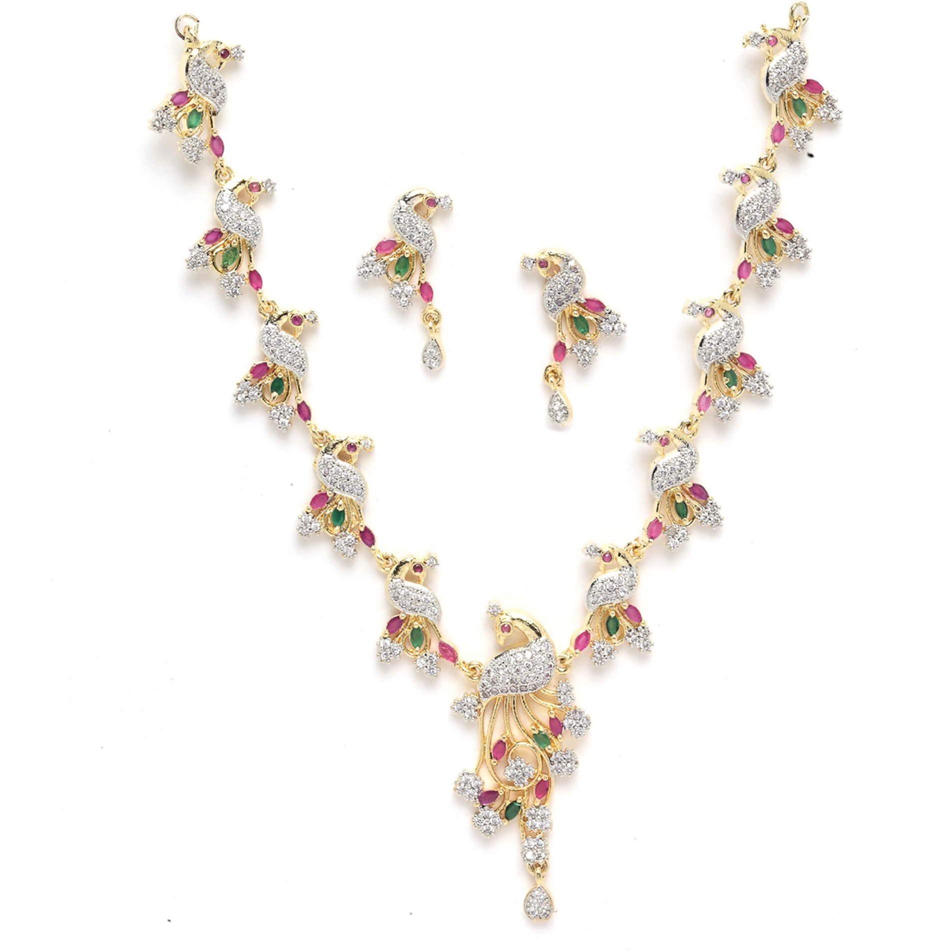 ZENEME Jewellery Set American Diamond Stylish Peacock Style Gold Plated Necklace Set Jewellery With Earring For Women & Girls