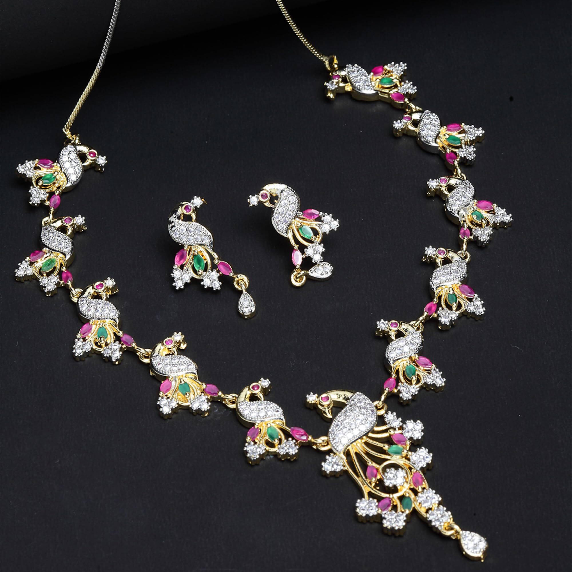 ZENEME Jewellery Set American Diamond Stylish Peacock Style Gold Plated Necklace Set Jewellery With Earring For Women & Girls