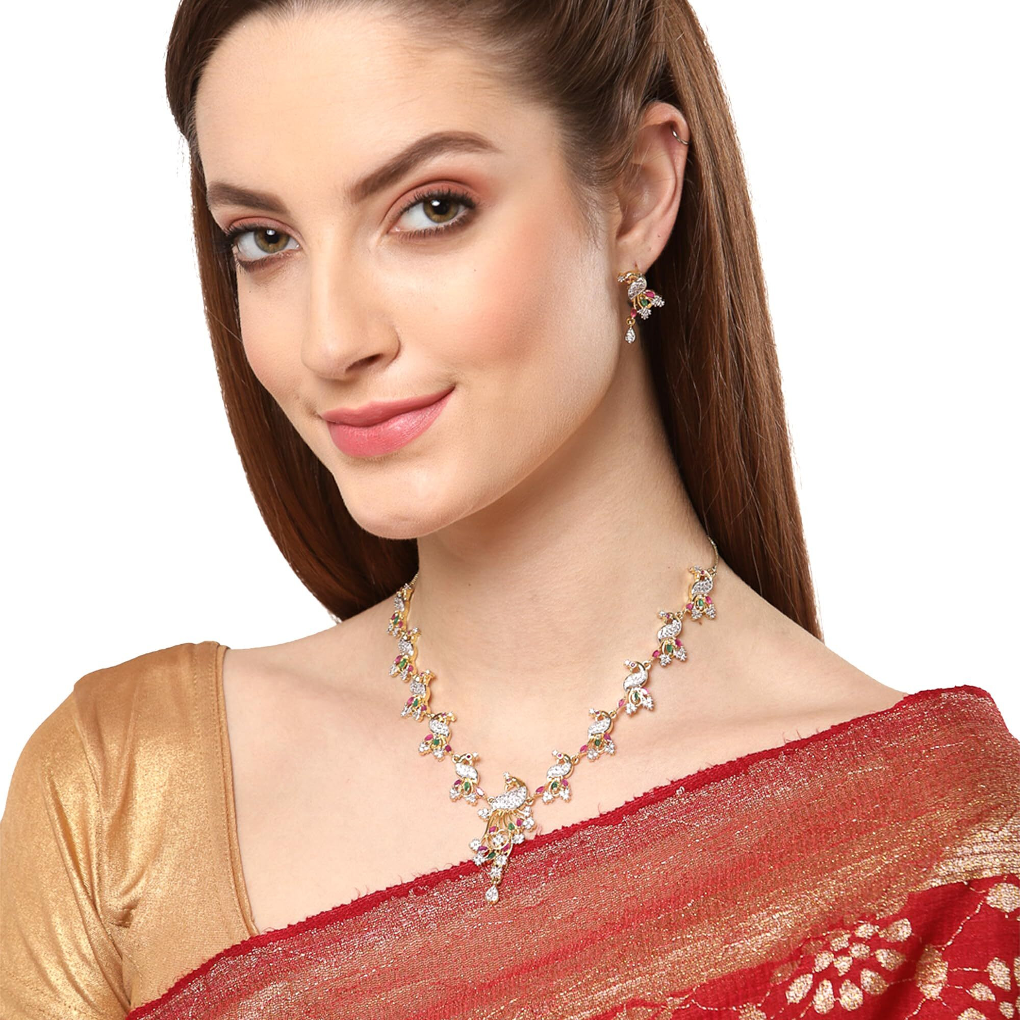 ZENEME Jewellery Set American Diamond Stylish Peacock Style Gold Plated Necklace Set Jewellery With Earring For Women & Girls