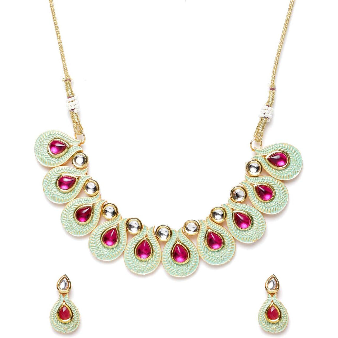 ZAVERI PEARLS Enamelling Mint Green & Pink Stones Kundan Choker Necklace & Earring Set For Women-ZPFK9636
