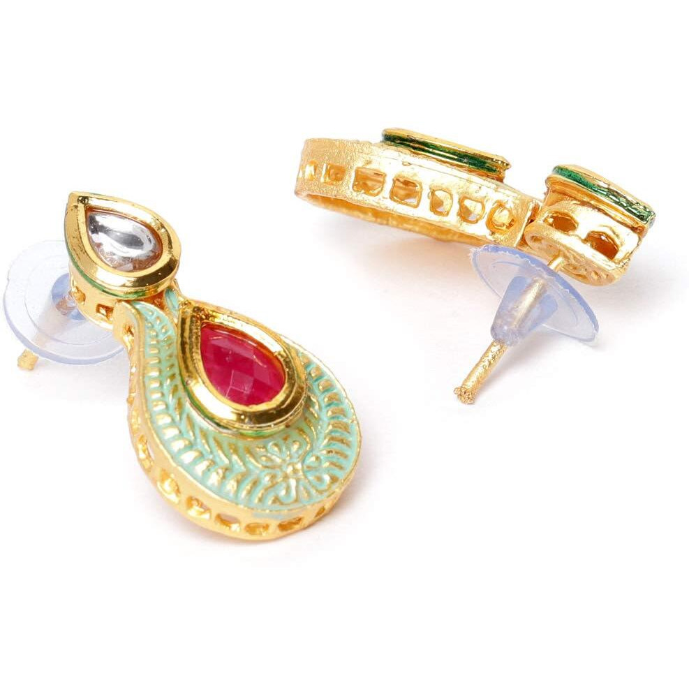 ZAVERI PEARLS Enamelling Mint Green & Pink Stones Kundan Choker Necklace & Earring Set For Women-ZPFK9636