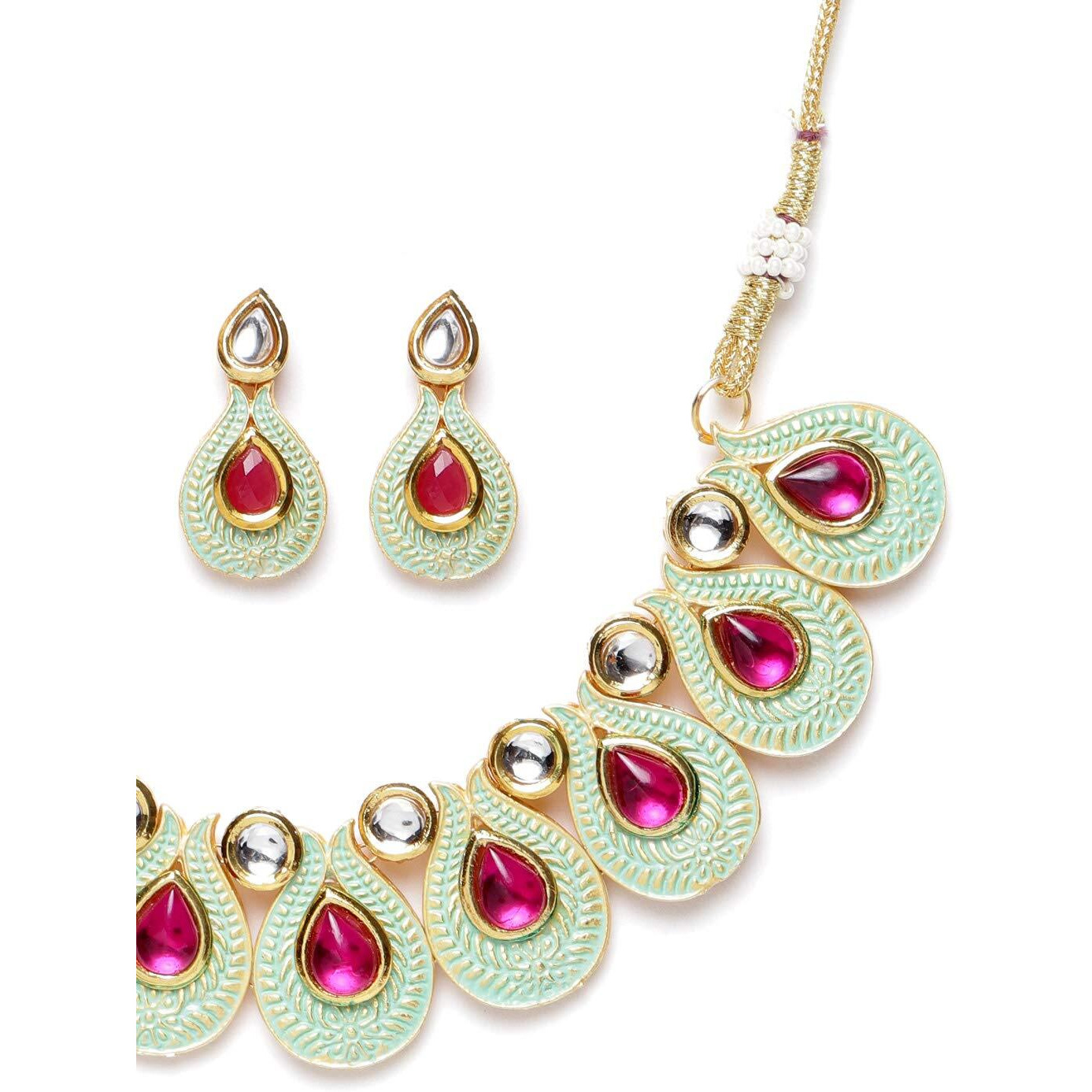 ZAVERI PEARLS Enamelling Mint Green & Pink Stones Kundan Choker Necklace & Earring Set For Women-ZPFK9636