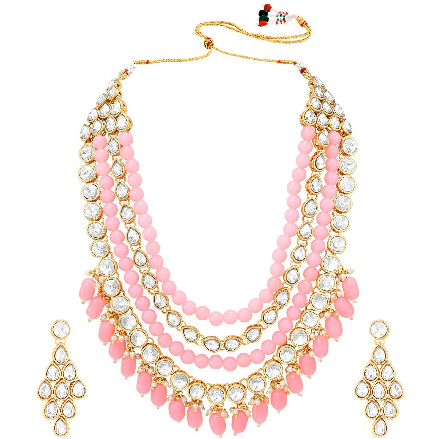 Peora Traditional Beads Kundan layered Pink Necklace & Dangle Earring Ethnic Jewellery Set Gift for Women & Girls