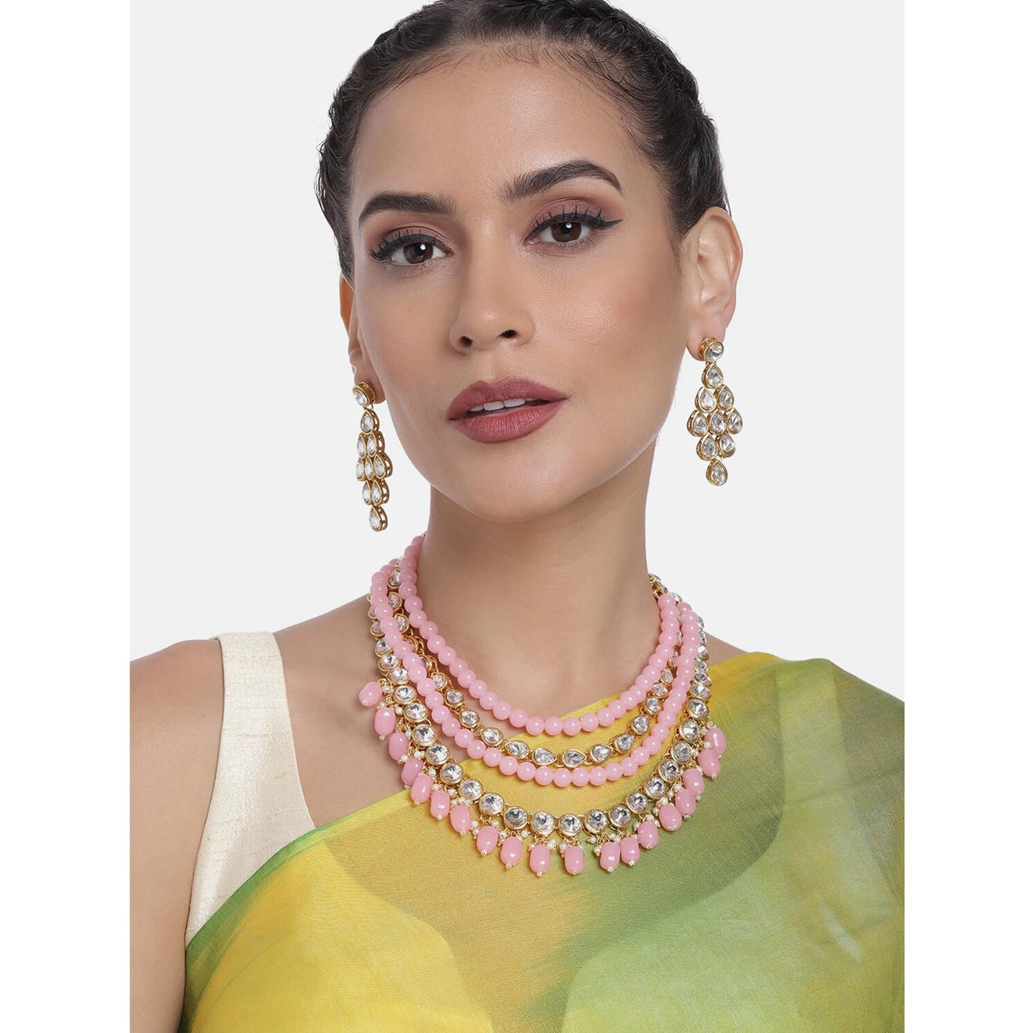 Peora Traditional Beads Kundan layered Pink Necklace & Dangle Earring Ethnic Jewellery Set Gift for Women & Girls