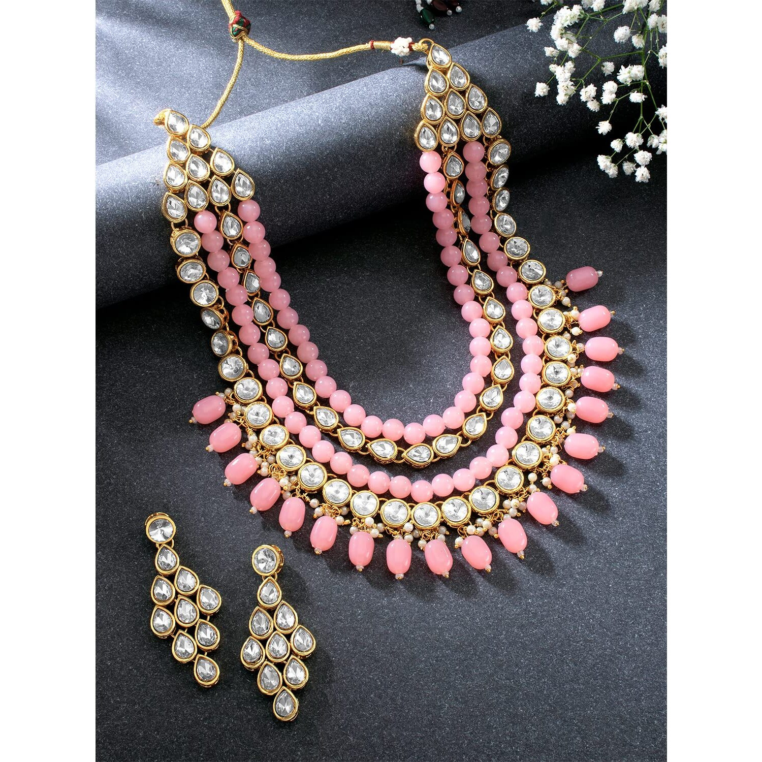 Peora Traditional Beads Kundan layered Pink Necklace & Dangle Earring Ethnic Jewellery Set Gift for Women & Girls