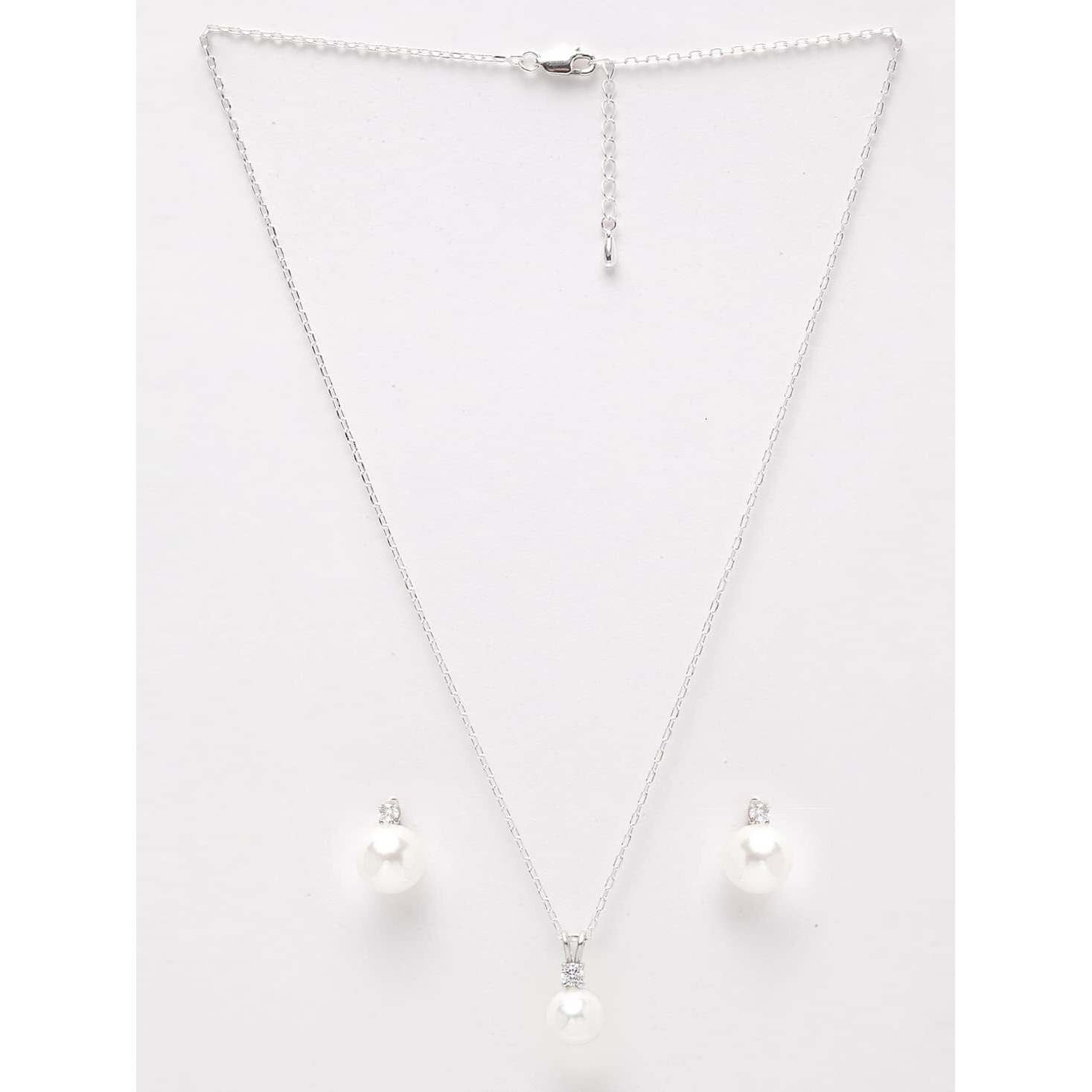 Clara 92.5 Sterling Silver Classic Pearl Pendant Earrings Set With Chain Jewellery Set Gift For Women and Girls