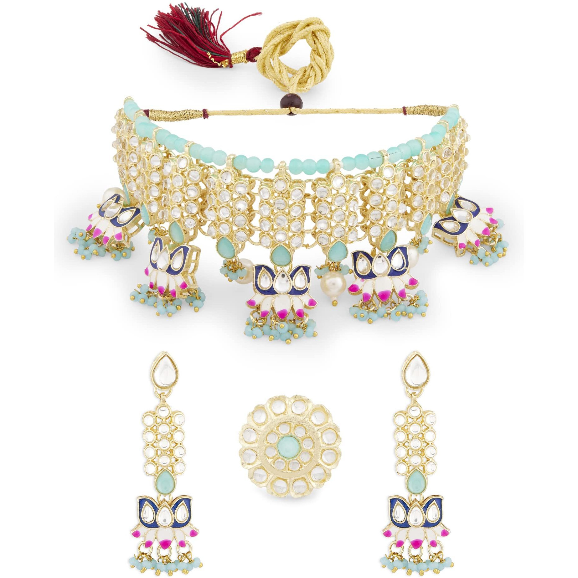 ZAVERI PEARLS Blue & Pink Meenakari Lotus Drop Kundan Choker Necklace Earring & Ring Set For Women-ZPFK13202