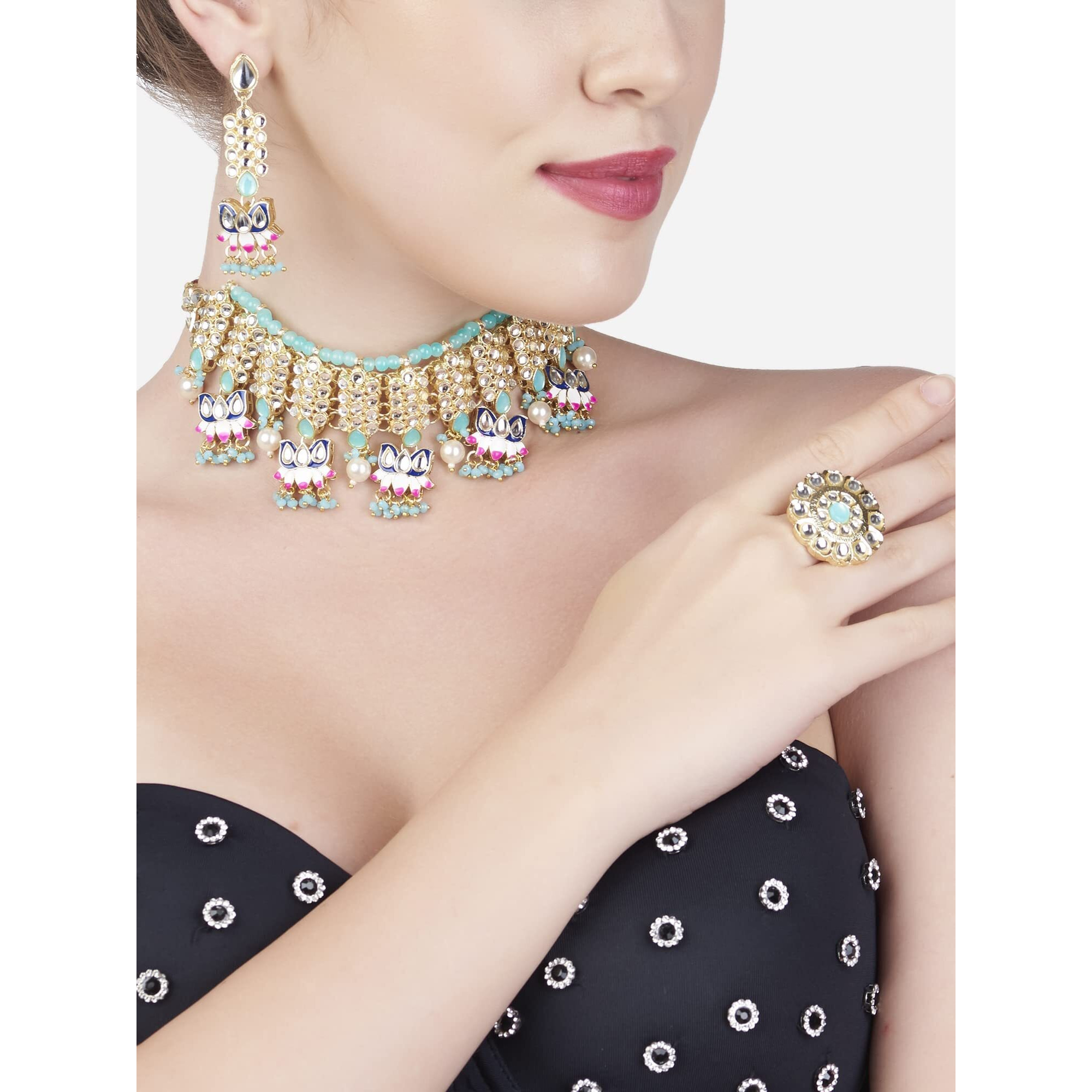ZAVERI PEARLS Blue & Pink Meenakari Lotus Drop Kundan Choker Necklace Earring & Ring Set For Women-ZPFK13202