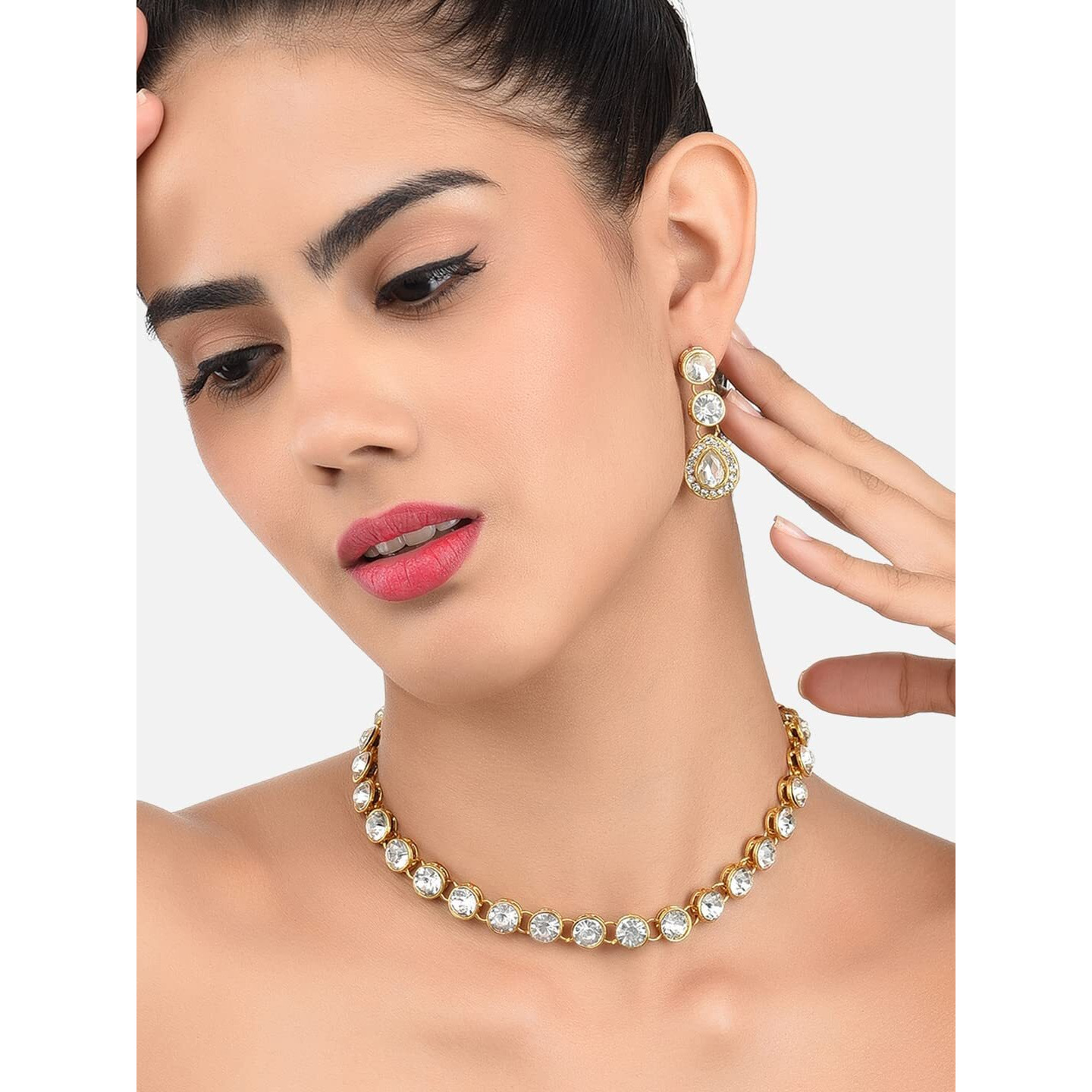 ZAVERI PEARLS Gold Tone Ethnic Choker Stones Studded Necklace Set For Women-ZPFK8875