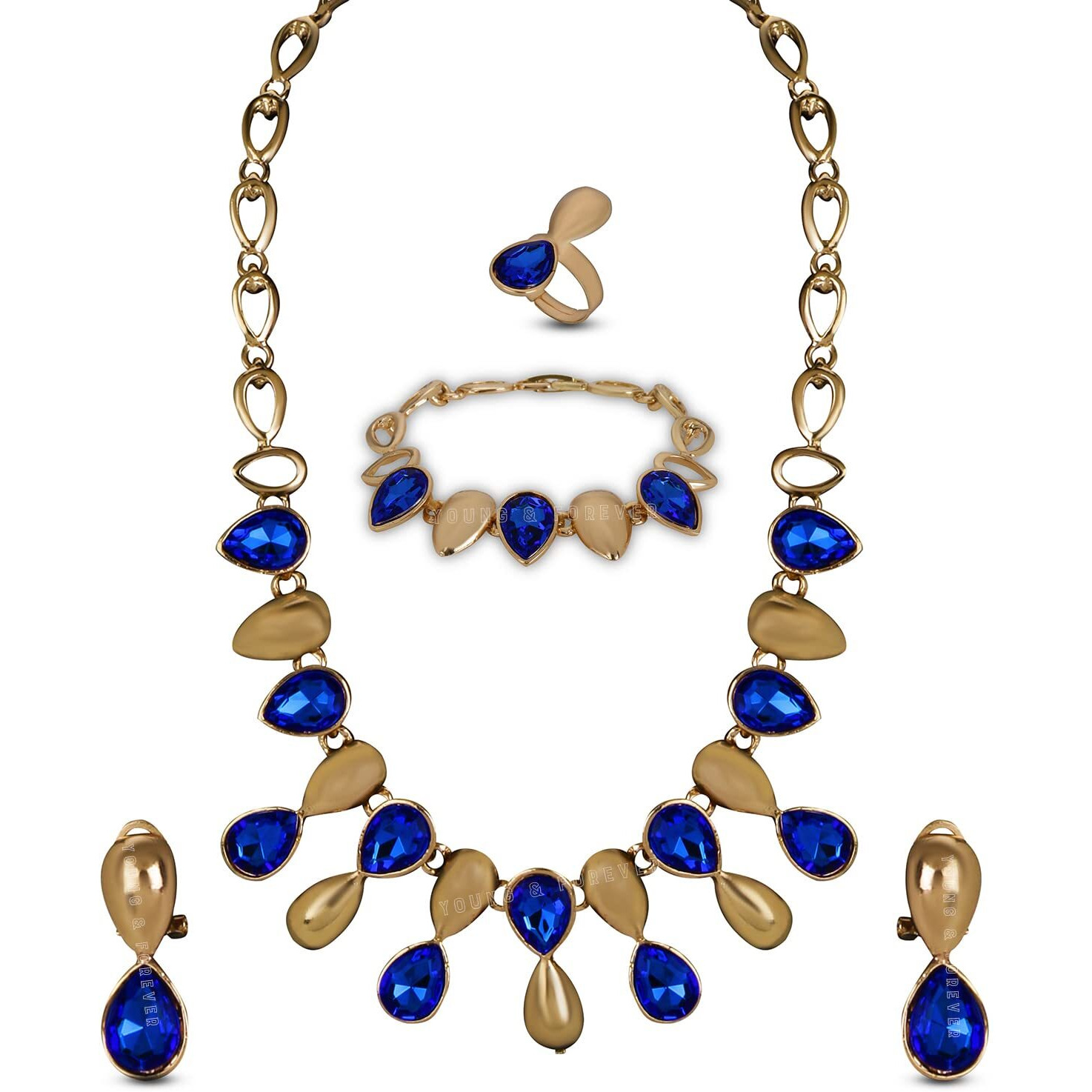 Young & Forever Gift Wardrobe Refresh Paradiso Mesmerizing Prom Wedding Overgild Jewellery Set of Necklace, Earrings, Bracelet and Rings for Women(Gold)