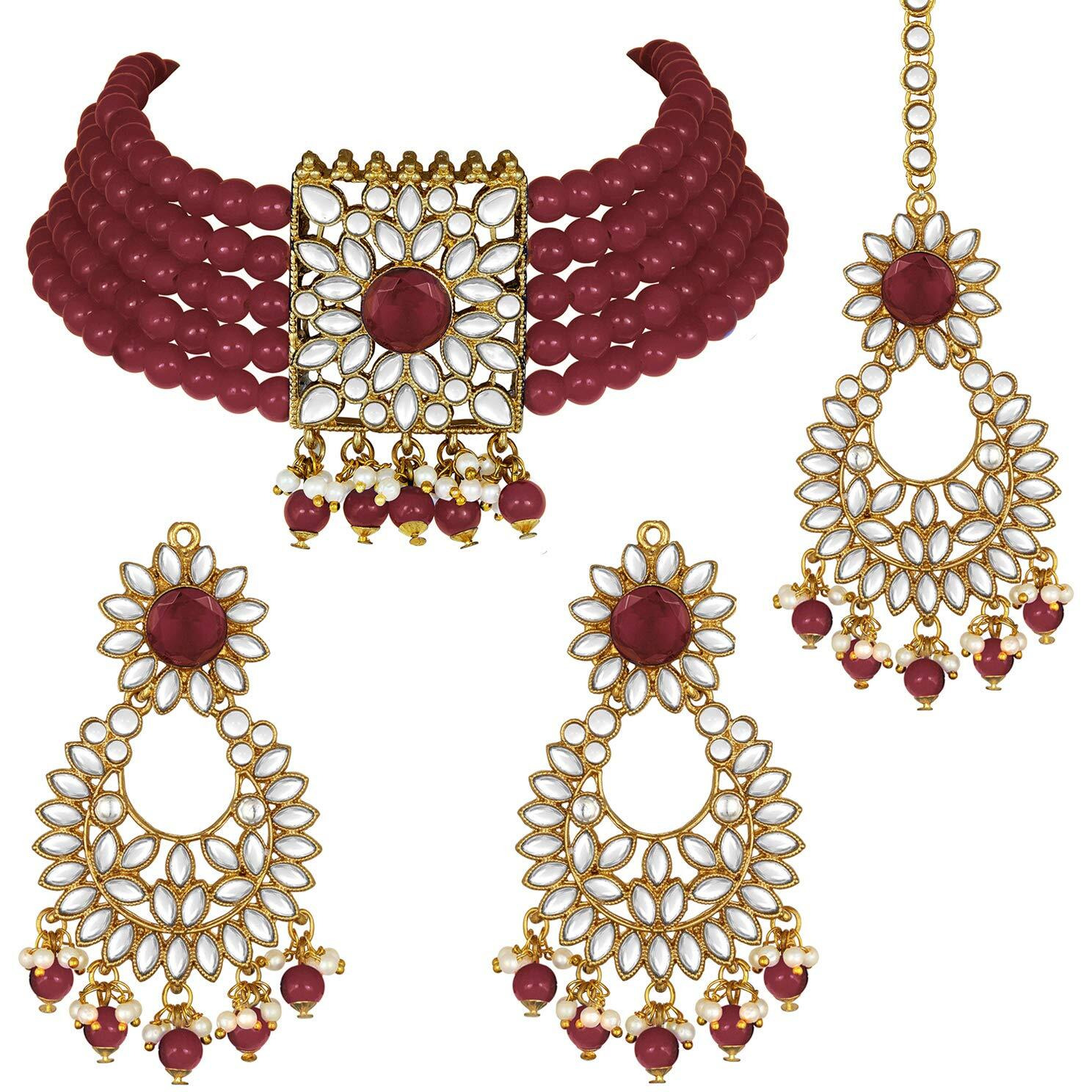 Peora Gold Plated Jodha Akbar Kundan Faux Pearl Choker Necklace with Earring Maang Tikka Traditional Bridal Jewellery Set for Women
