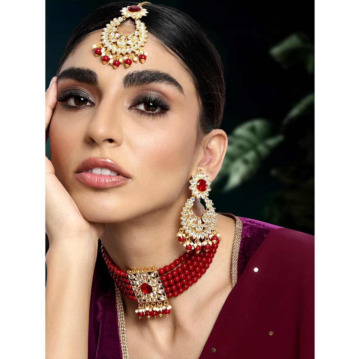 Peora Gold Plated Jodha Akbar Kundan Faux Pearl Choker Necklace with Earring Maang Tikka Traditional Bridal Jewellery Set for Women