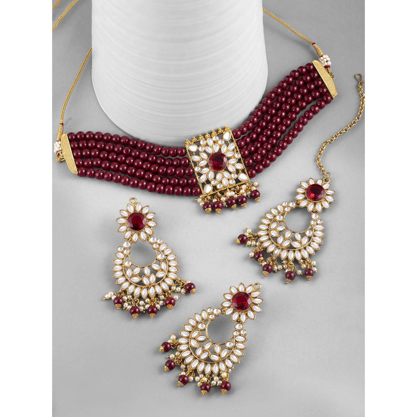 Peora Gold Plated Jodha Akbar Kundan Faux Pearl Choker Necklace with Earring Maang Tikka Traditional Bridal Jewellery Set for Women
