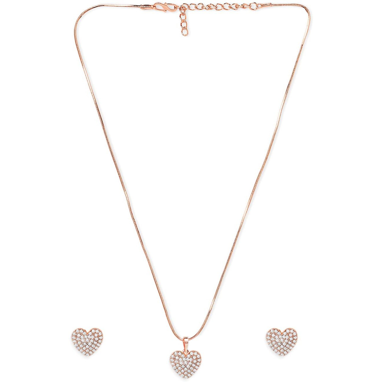 ZAVERI PEARLS Rose Gold Cubic Zirconia Contemporary Heart Pendant With Chain & Stud Earring Set For Women-ZPFK11035