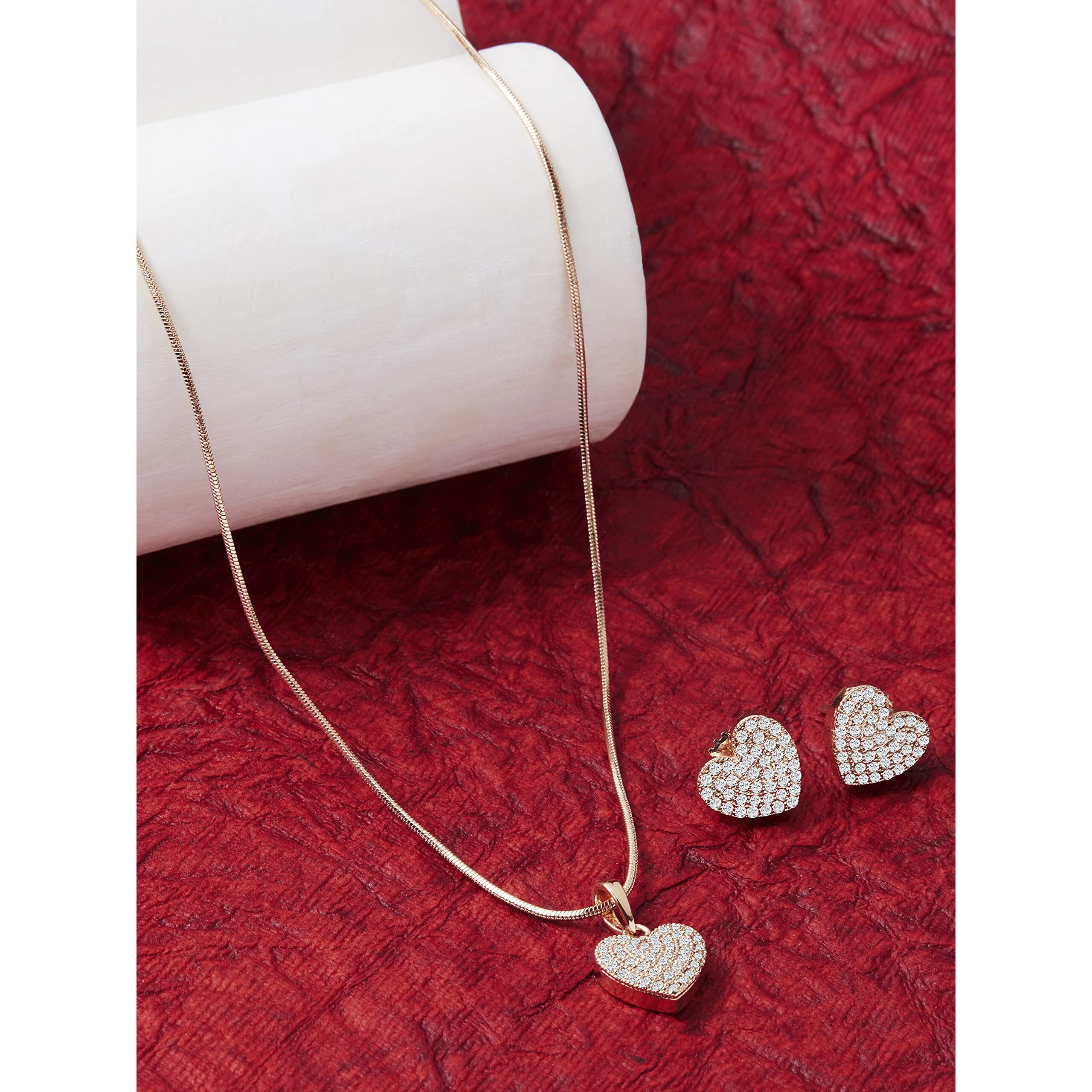 ZAVERI PEARLS Rose Gold Cubic Zirconia Contemporary Heart Pendant With Chain & Stud Earring Set For Women-ZPFK11035