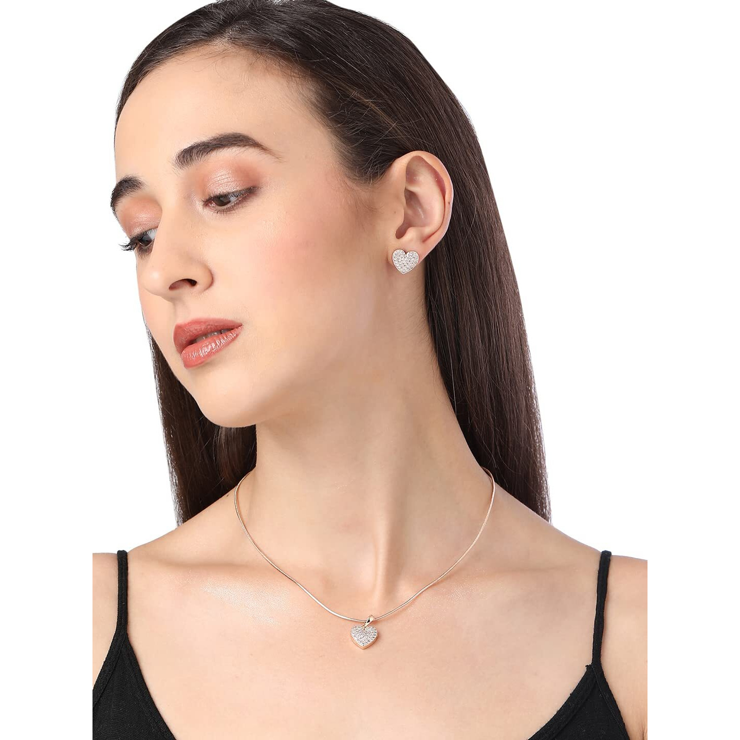 ZAVERI PEARLS Rose Gold Cubic Zirconia Contemporary Heart Pendant With Chain & Stud Earring Set For Women-ZPFK11035