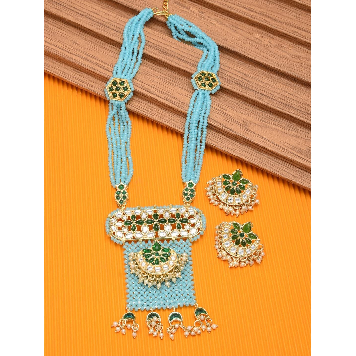 ZAVERI PEARLS Aqua Blue Crystal Beaded Green Kundan Necklace & Earring Set For Women-ZPFK11440