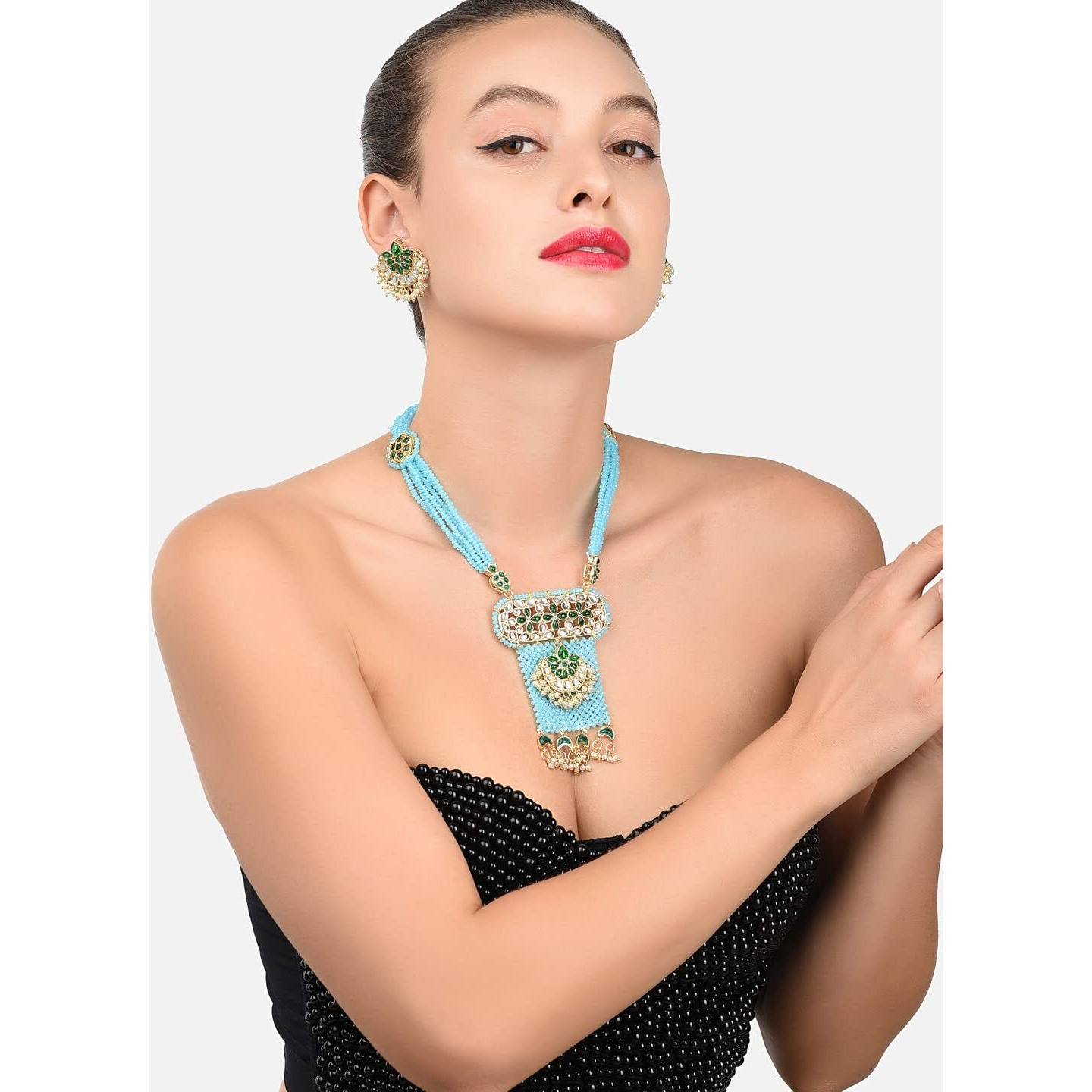 ZAVERI PEARLS Aqua Blue Crystal Beaded Green Kundan Necklace & Earring Set For Women-ZPFK11440