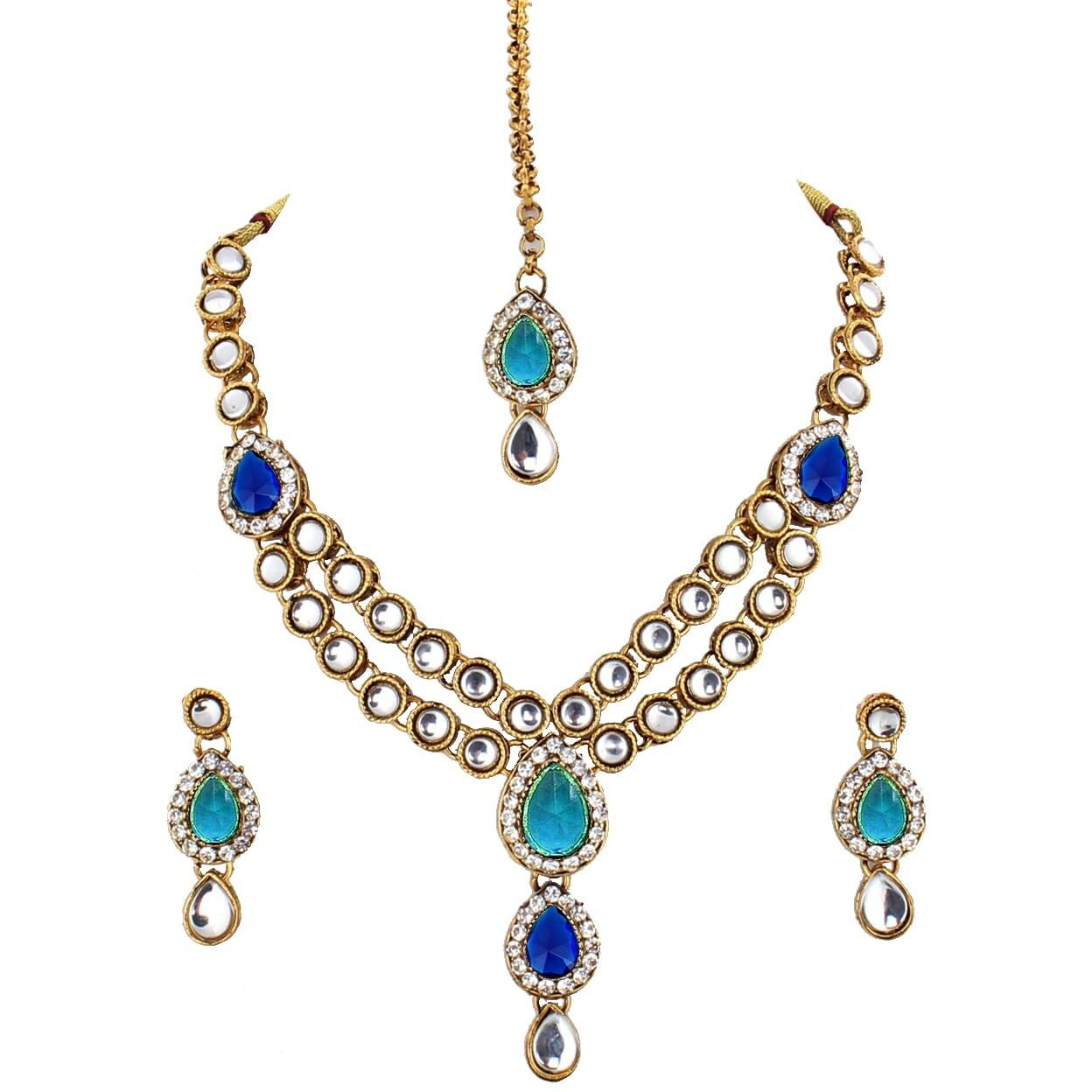 Lucky Jewellery Ferozi Colored Gold Plated 2 Line Kundan Jewellery Set for Women (MSK-2-LINE-FERROZI)