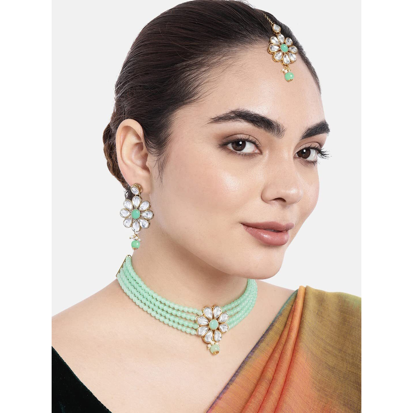 Peora Gold Plated Kundan Faux Pearl Floral Choker Necklace Earrings with Maang Tikka Set Jewellery For Girls & Women (Mint)