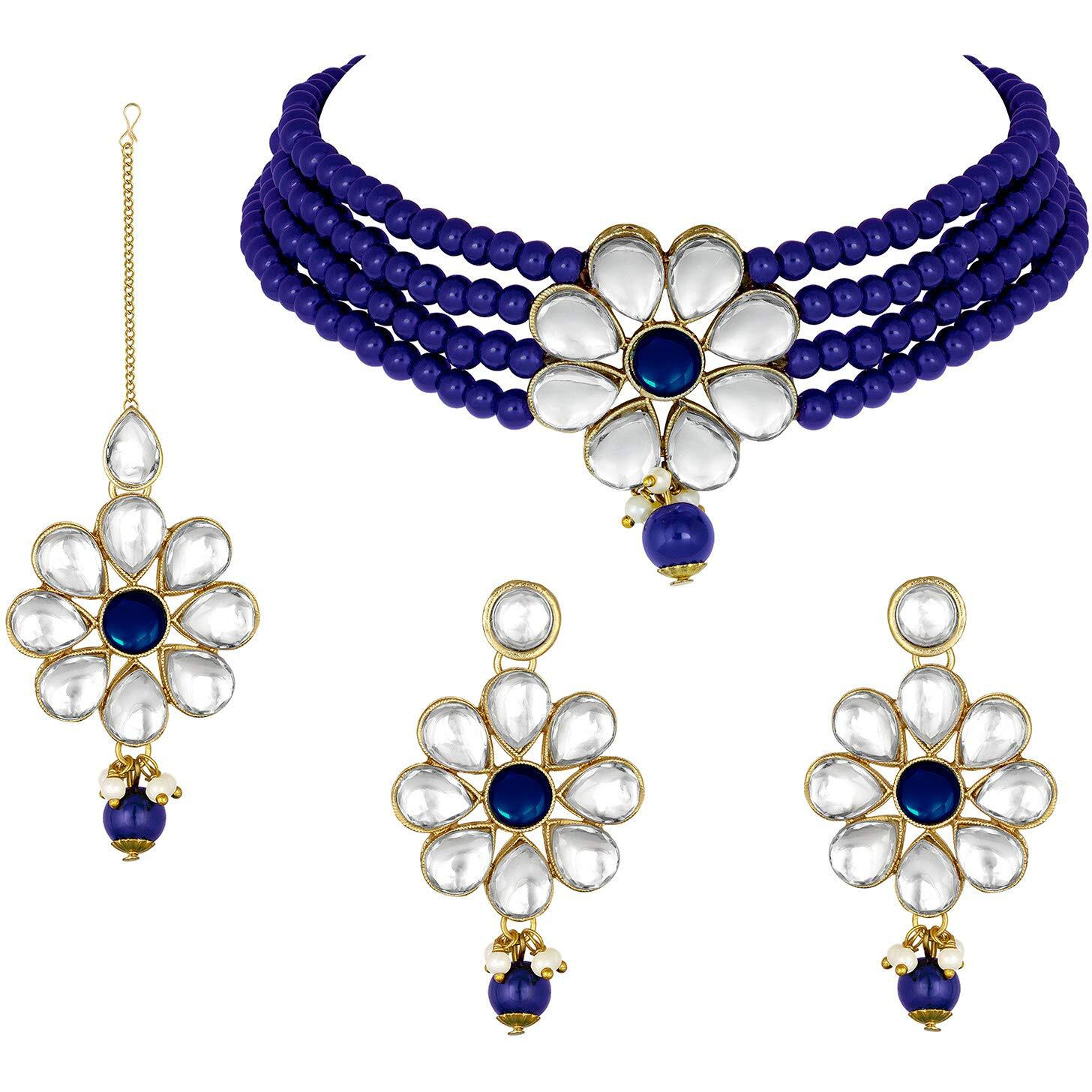 Peora Gold Plated Kundan Pearl Floral Choker Necklace Earring Maang Tikka Traditional Jewellery Set for Women (Blue)