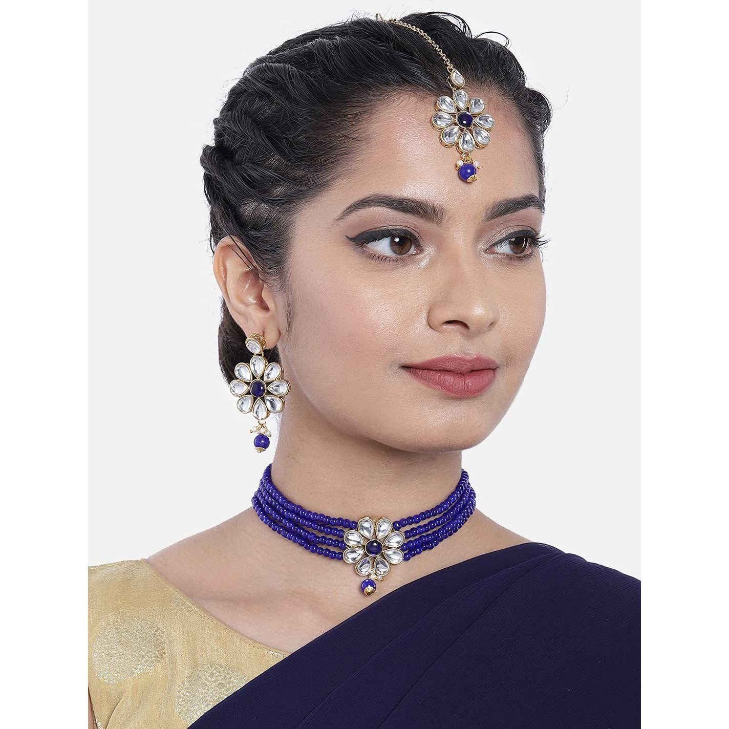 Peora Gold Plated Kundan Pearl Floral Choker Necklace Earring Maang Tikka Traditional Jewellery Set for Women (Blue)