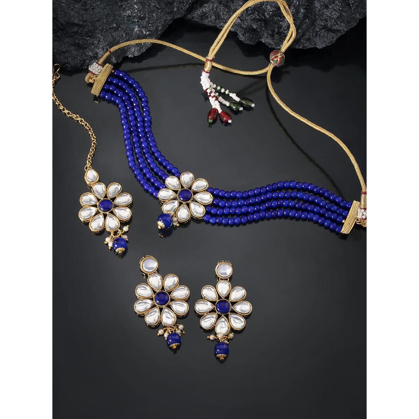 Peora Gold Plated Kundan Pearl Floral Choker Necklace Earring Maang Tikka Traditional Jewellery Set for Women (Blue)