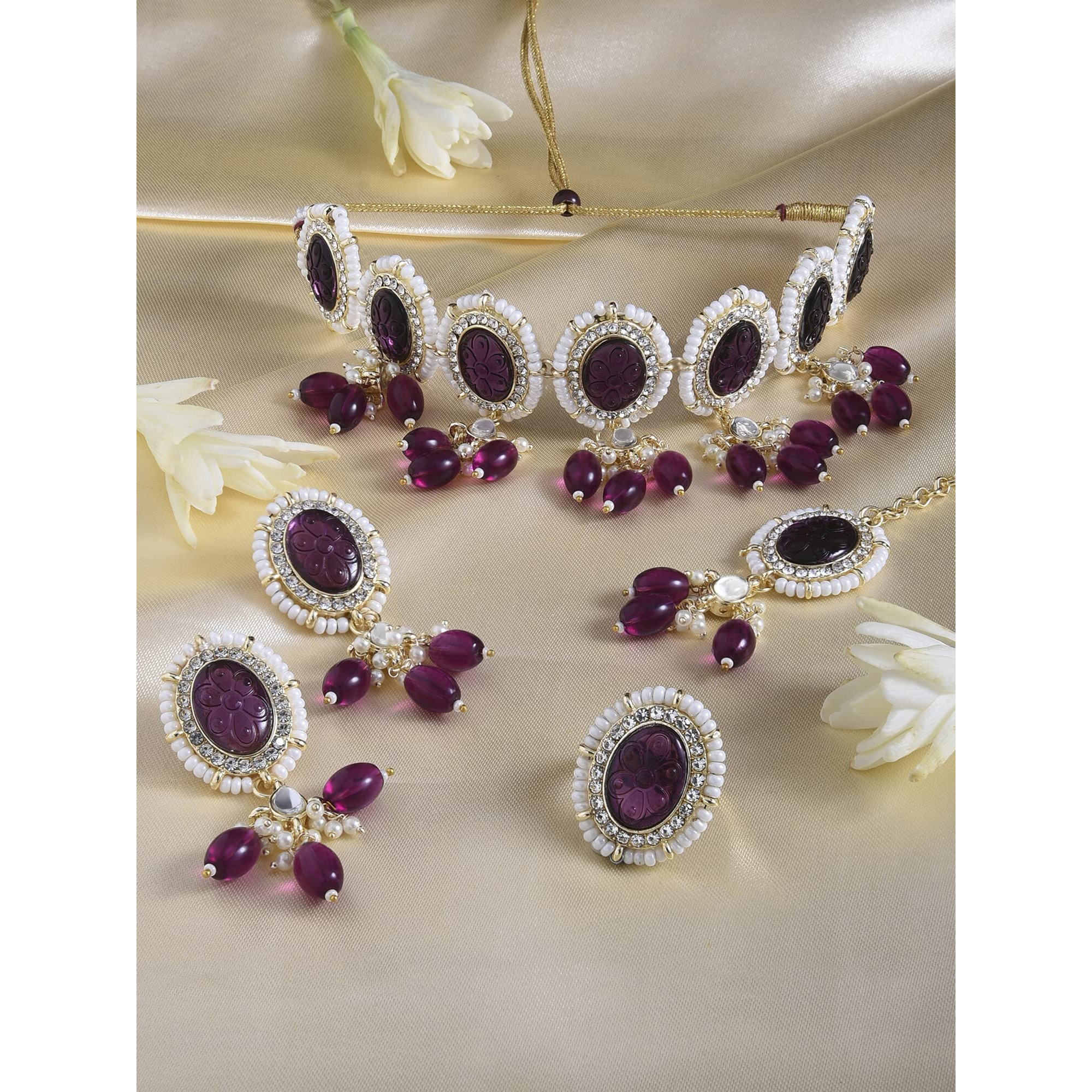 ZAVERI PEARLS Purple Stones & Beads Choker Necklace Earring Ring & Maangtikka Set For Women-ZPFK15361