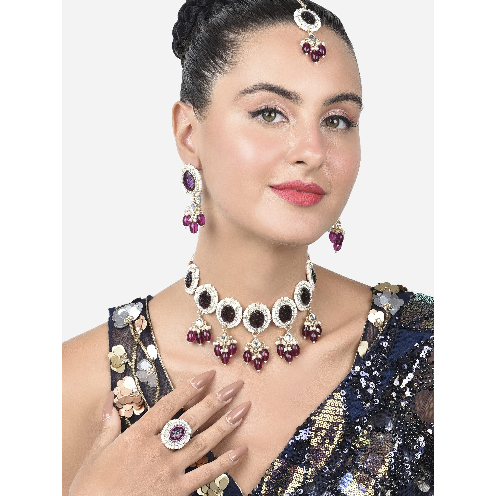 ZAVERI PEARLS Purple Stones & Beads Choker Necklace Earring Ring & Maangtikka Set For Women-ZPFK15361